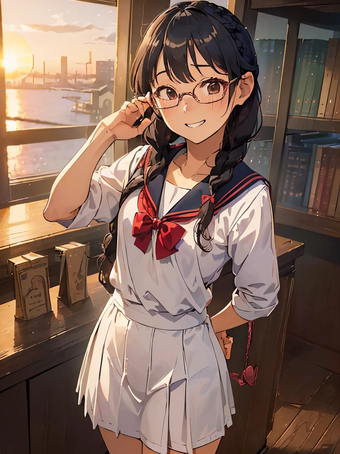 (((masterpiece))) ((( background : romantic theme : students : in library : sunset ))) ((( character : chu: fit body : small breast : black braided hair : nerd : wearing glasses : white school uniform : standing : wide shy grin : blushing : extremely embarrassed : shy pose )))