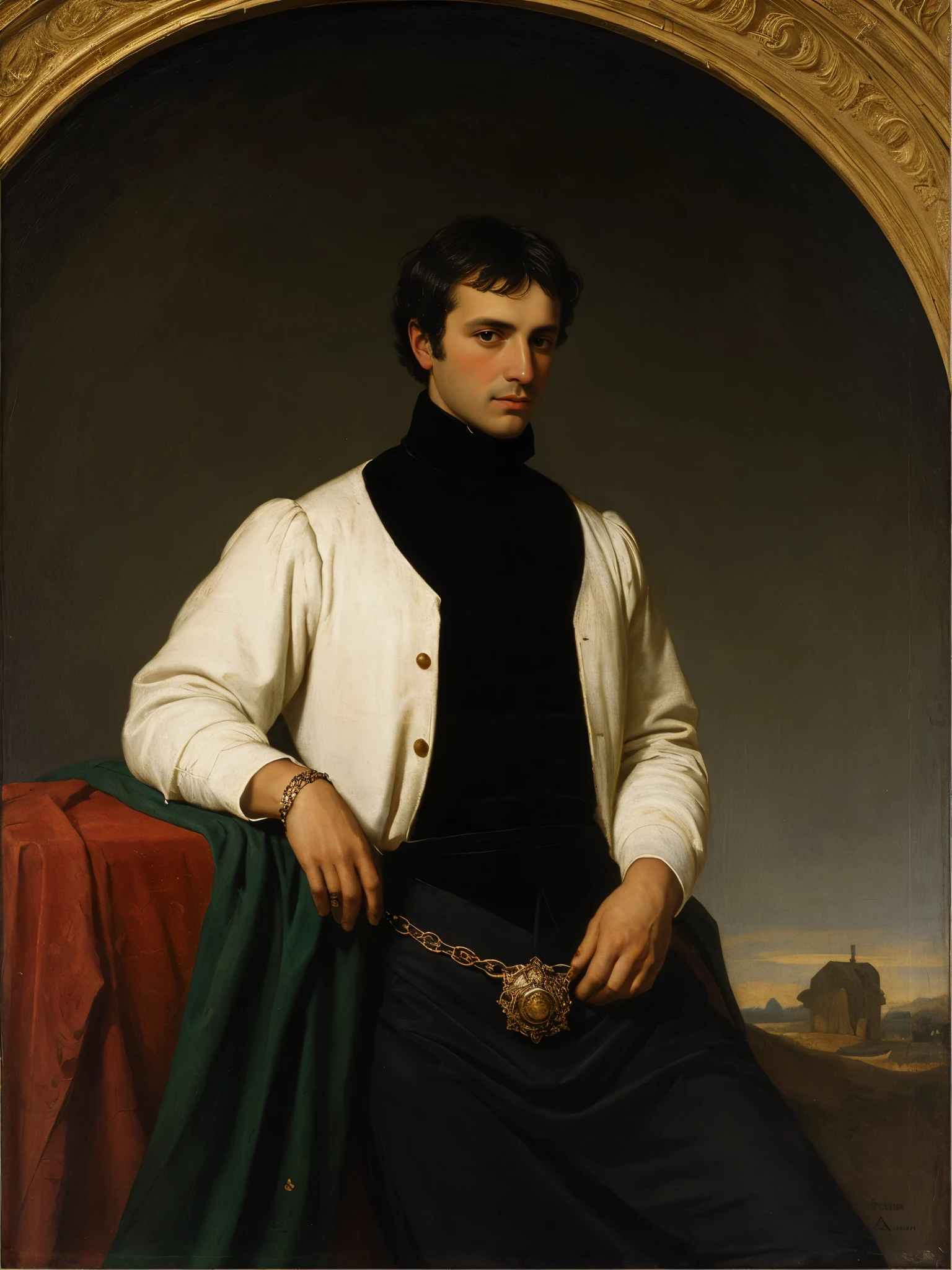 Art by Titian, 15th century painting, 1man, black haired nobleman with fancy black turtleneck dress, showing his wealthy, lot of jewelry, regnal pose