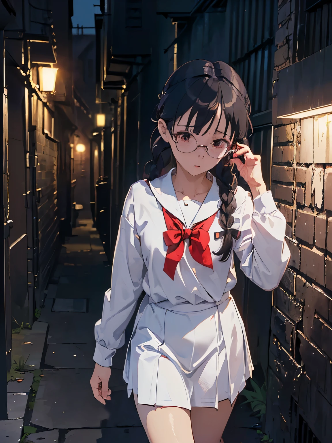 (((masterpiece))) ((( background : horror theme : dark backalley : at night : dark : someone is stalking ))) ((( character : chu: fit body : small breast :  braided hair : nerd : wearing glasses : white school uniform : walking down alleyway )))