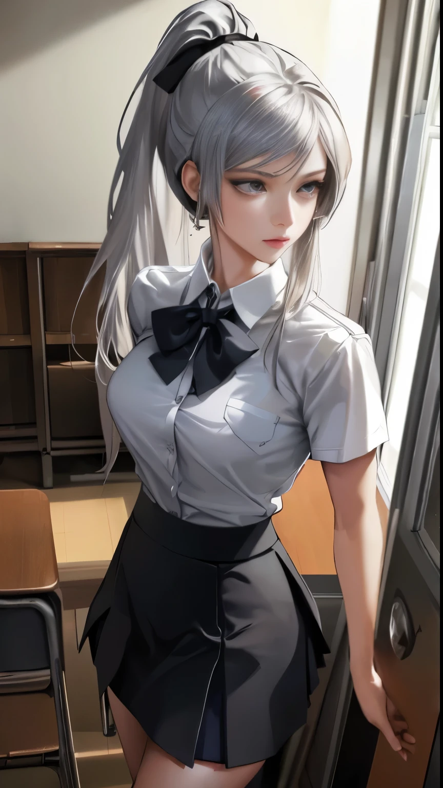 1girl, table humping, crotch rub, white shirt, pencil skirt, office, white panties, skirt lift, lanyard, table, lifting, multiple boys,suggestive fluid,, masterpiece, best quality, highly detailed