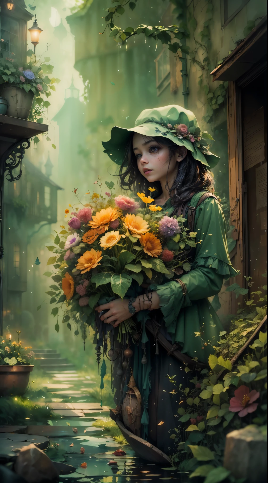 (a tiny) humanoid creature, (holding firmly) a bunch of flowers, watercolor, dark gritty, street, fantasy, (best quality, 4k, highres, masterpiece:1.2), ultra-detailed, (realistic:1.37), vivid colors, (moody lighting), (magical atmosphere), (cobblestone road), (mysterious shadows), (fantastical architecture), (enchanted surroundings), (whimsical elements), (misty aura), (intricate details), (emotionally expressive face), (unique character design), (lush foliage), (overgrown vines), (ethereal glow), (fallen petals), (contrast between light and dark), (captivating atmosphere), (heartwarming scene), (playful energy), (curiosity and wonder), (texture of the flowers), (impressionistic brushstrokes), (dreamlike charm), (sense of mystery), (gritty urban setting), (imaginative world), (dramatic composition), (expressive lines), (exquisite colors)