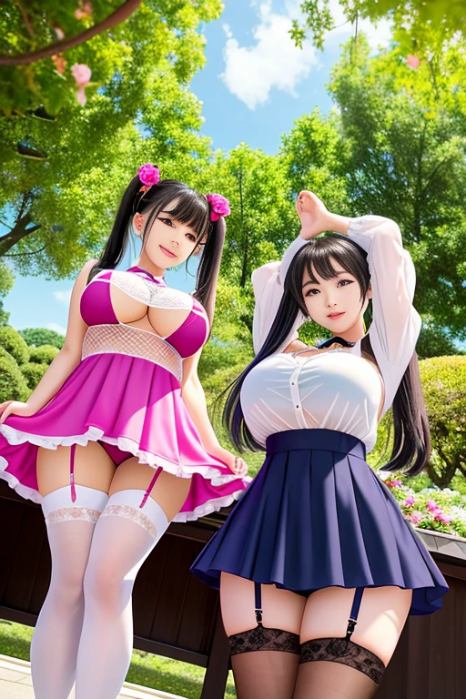 Two college girls、blouse that clings to the skin、transparent blouse、big breasts、アニメbig breasts、underboob、underboob:1.9、obscenely large breasts、Voluminous bun-shaped twin tails、smile、white fishnet tights、full body shot、focus on crotch、show off panties、show off your panties、angle from below、Low - Angle:1.9、Angle to see the face from directly below、Seductive panties with detailed decoration、put your hands behind your head、bold spread legs、beautiful eyes、long eyelashes、walk through the rose garden、three maidens:1.9