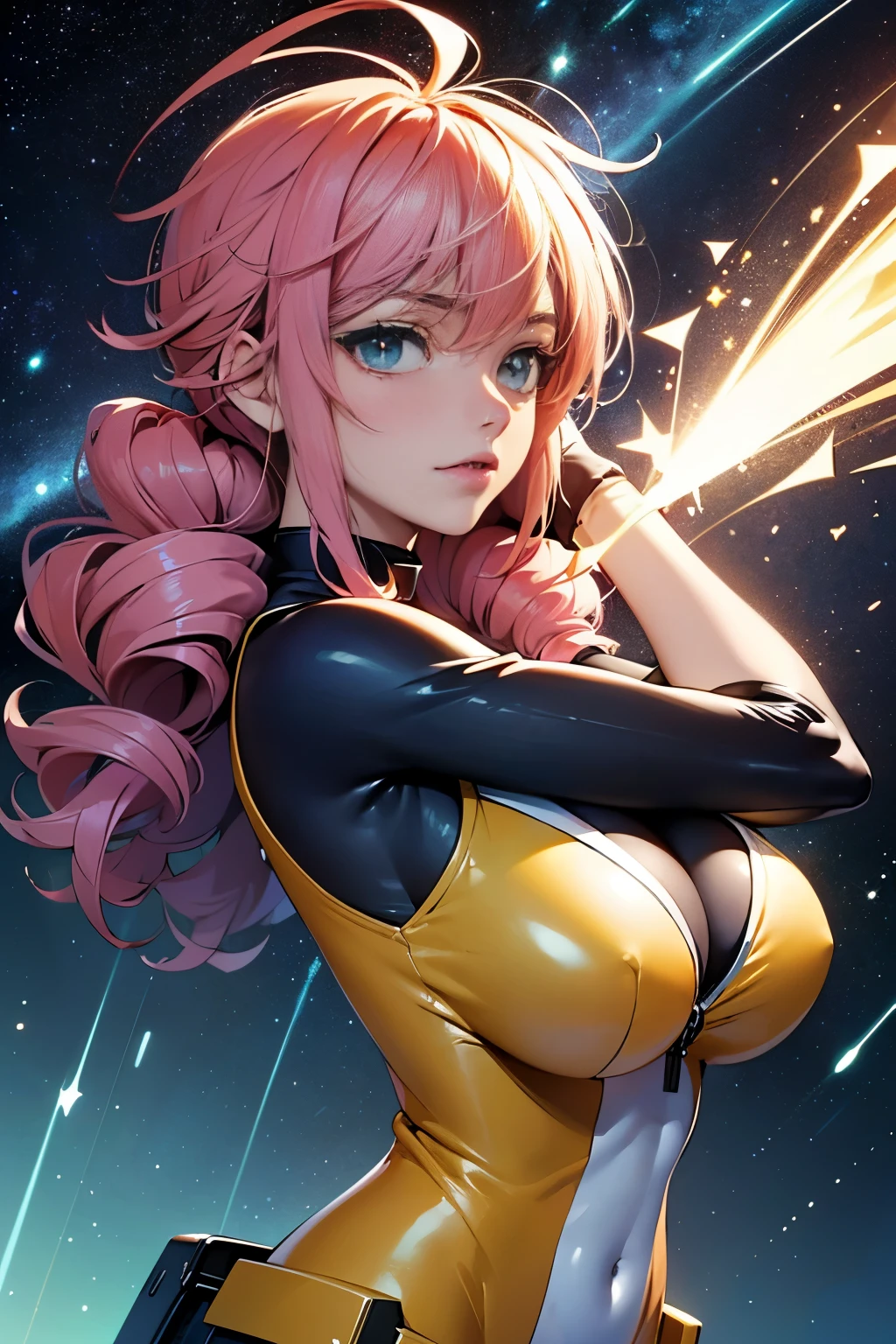 (masterpiece, top quality), (medium),official art, beautiful and aesthetic:1.2),(feldt:1.3), (fractal art:1.3),upper body, gundam00, pink hair, yellow bodysuit, from side, (slendered abs:1.2), looking at viewer,(((starry sky))), stars in the background, purple shoulders,((black gloves)),((gigantic breasts:1.5)), (drill hair),((ultra detail eyes:1.5)),((extremely detailed CG unity 8k wallpaper,masterpiece, best quality)), ((ultra-detailed:1.5)),(best illumination, best shadow, an extremely delicate and beautiful),(extremely detailed CG unity 8k wallpaper,masterpiece, best quality, ultra-detailed),(best illumination, best shadow, an extremely delicate and beautiful),(perfect body: 1.5),(masterpiece), dynamic movement, digital art, otherworldly, a burst of color, explosive energy, chaotic beauty, (hair flowing:1.2, hair glowing), (body distorted:1.5, body fragmented), (face obscured:1.2, half hidden), (background: broken, shattered, fractured), (light: flickering, pulsating, radiating).