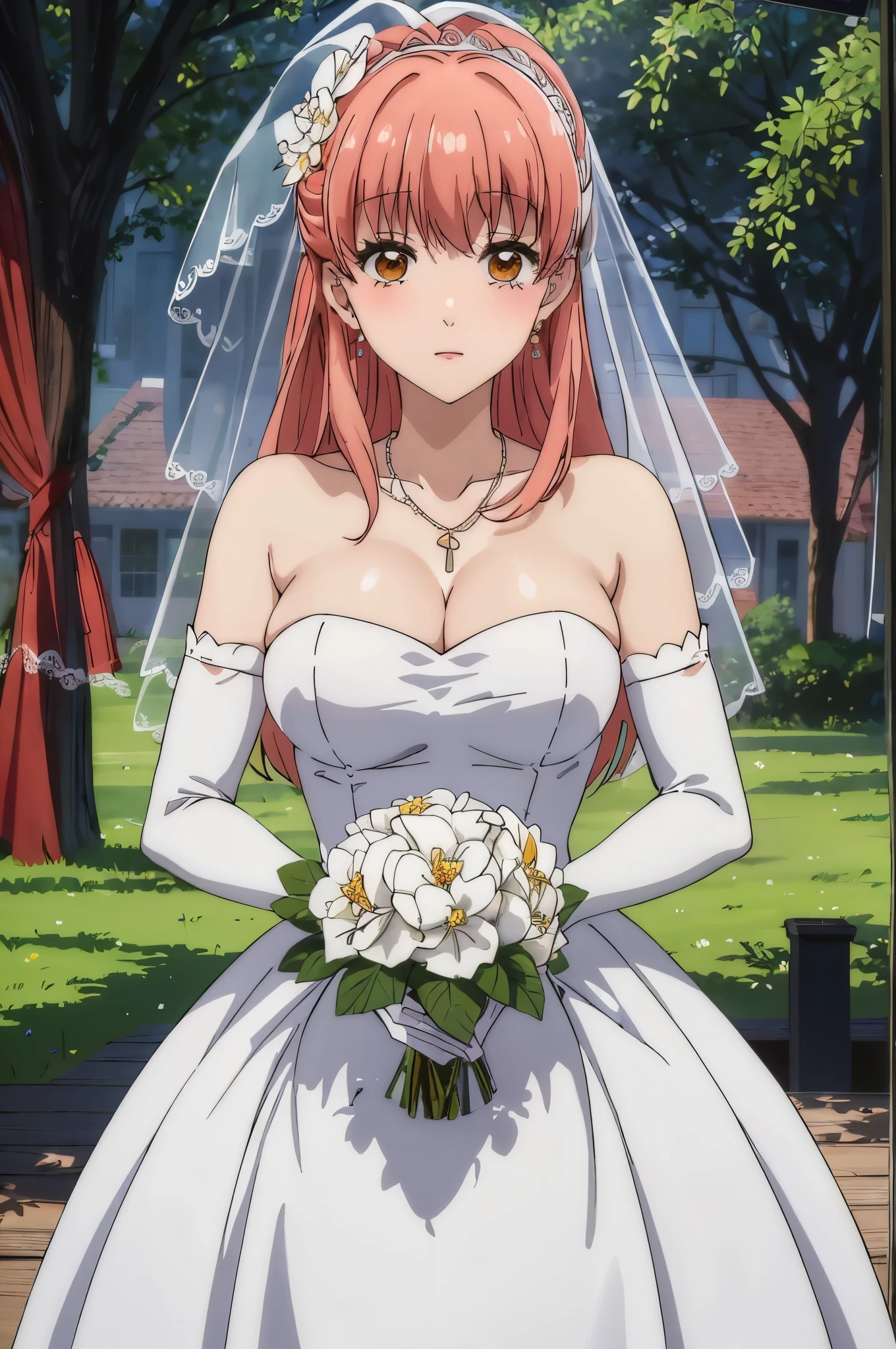 ((masterpiece, best quality, high quality, high resolution)):1.2,
office, looking at the audience, sitting,
Narumi, Close-up of beautiful bride wearing beautiful wedding dress,Gurwitz,(bridal veil:1.5),(Transparent short veil:1.5),Blushing face,Head flower,headgear,(tube top wedding dress:1.5),(Silk dress:1.2),(Strapless wedding dress:1.5),pure white dress,necklace,earrings,(large breasts:1.3),Deep V peach heart collar wedding dress,Bangs,lipstick,(lace gloves:1.3),whole body照,High detail RAW color art,Long white dress,whole body,Place your hands behind your back,