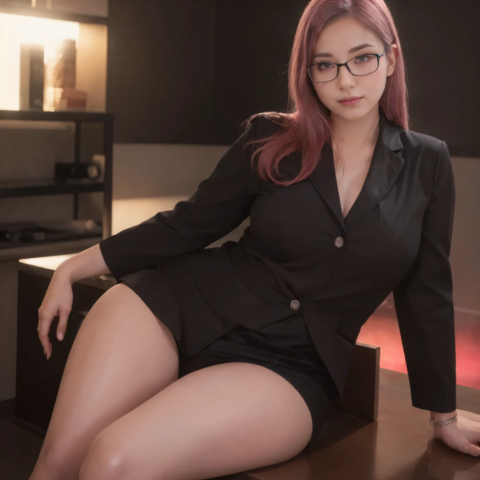 masutepiece, Best Quality, Illustration, Ultra-detailed, finely detail, hight resolution, 8K Wallpaper, Perfect dynamic composition, Beautiful detailed eyes, black t shirt and mini shorts, Neon pink Hair, mid-chest, Natural Color Lip, Random and sexy poses,Smile,20 years girl　Colossal tits、nightclub、sheer body stockings、