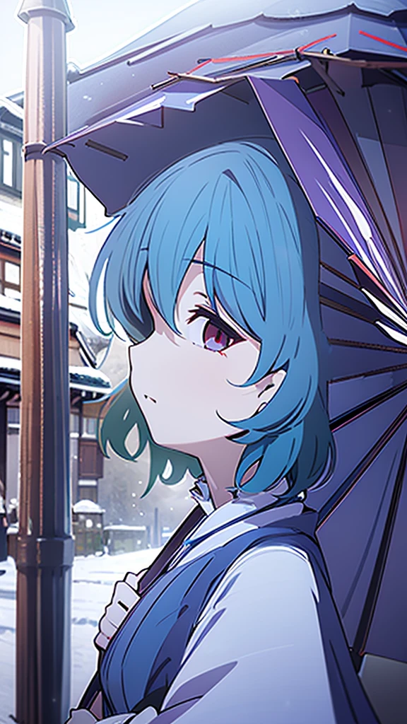 (best quality, masterpiece:1.2), ultra-detailed, perfect face, Kogasa Tatara, Touhou Project, 1girl, winter, snow, Japan, left blue eye, right red eye, outside of a store, holding an umbrella, Japanese traditional clothes.