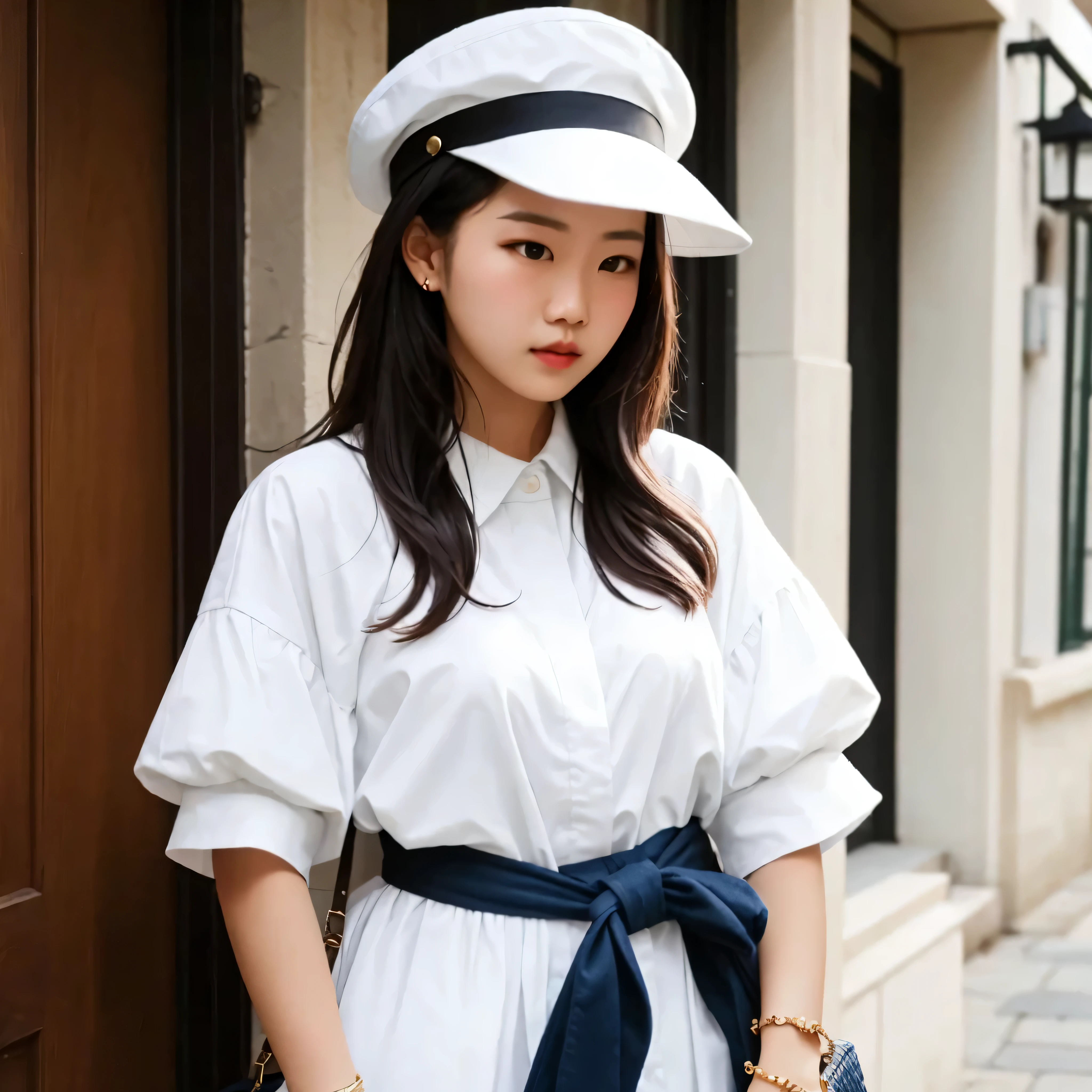 arafed woman in a white shirt and blue sash standing in front of a building, a portrait inspired by Sim Sa-jeong, tumblr, renaissance, white trendy clothes, korean women's fashion model, sakimichan, loose coat collar sailor uniform, puff sleeves, trendy white clothing, wearing a chocker and cute hat, with straw hat