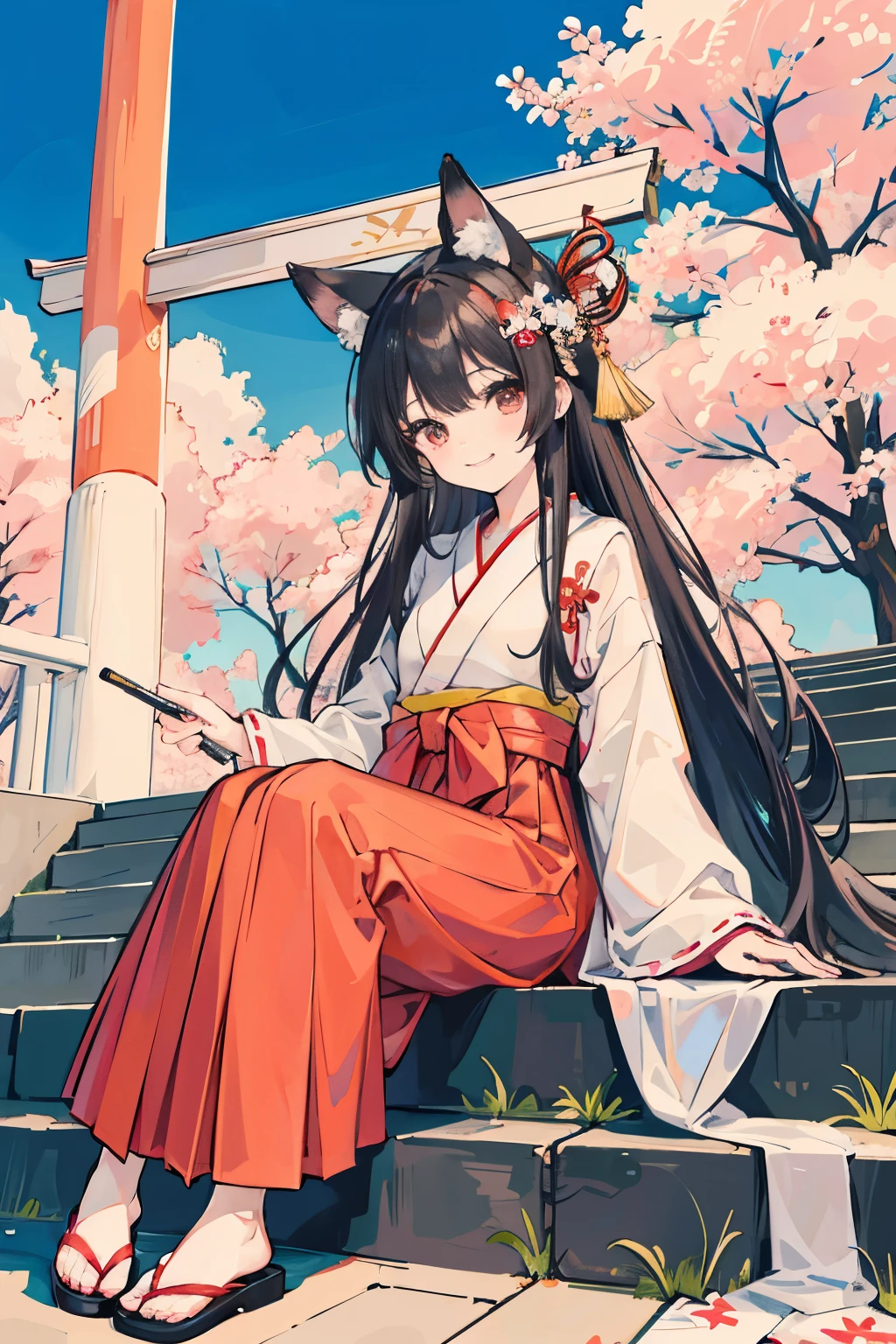 the lady is sitting on the steps with traditional japanese attire, 1girl, japanese clothes, stairs, torii, animal ears, miko, solo, black hair, long hair, sitting, fox ears, outdoors, hair ornament, flower, hakama, hair flower, red hakama, hakama skirt, looking at viewer , grin, ((die, JC,litl,kodomo))