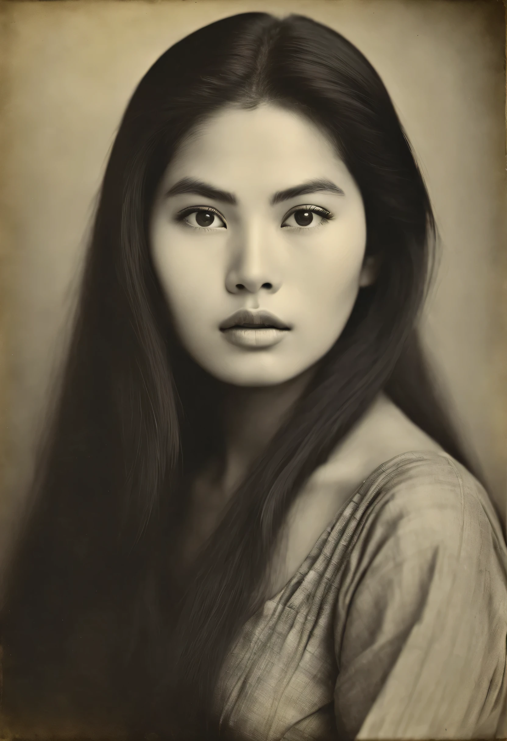 old Albumen Print of a   beautiful  busty  thai woman,Long black hair ,Have a beautiful face, golden ratio, big, sharp, beautiful eyes, plump, mesmerizing lips , photography style Yousuf Karsh