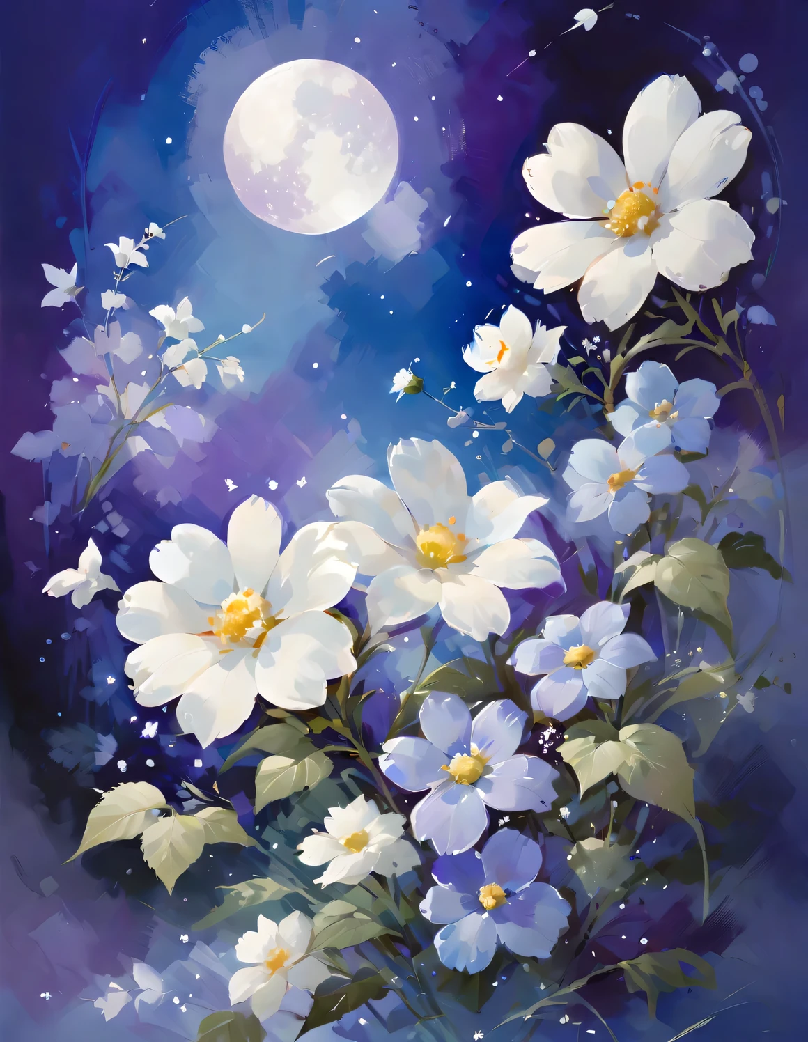 Full color wallpaper with violet background, white flower, Adopt Xiao Feiyue style, muted tones, The beauty of peace and tranquility, Dark white and light blue, colorful, high resolution, watercolor painting,