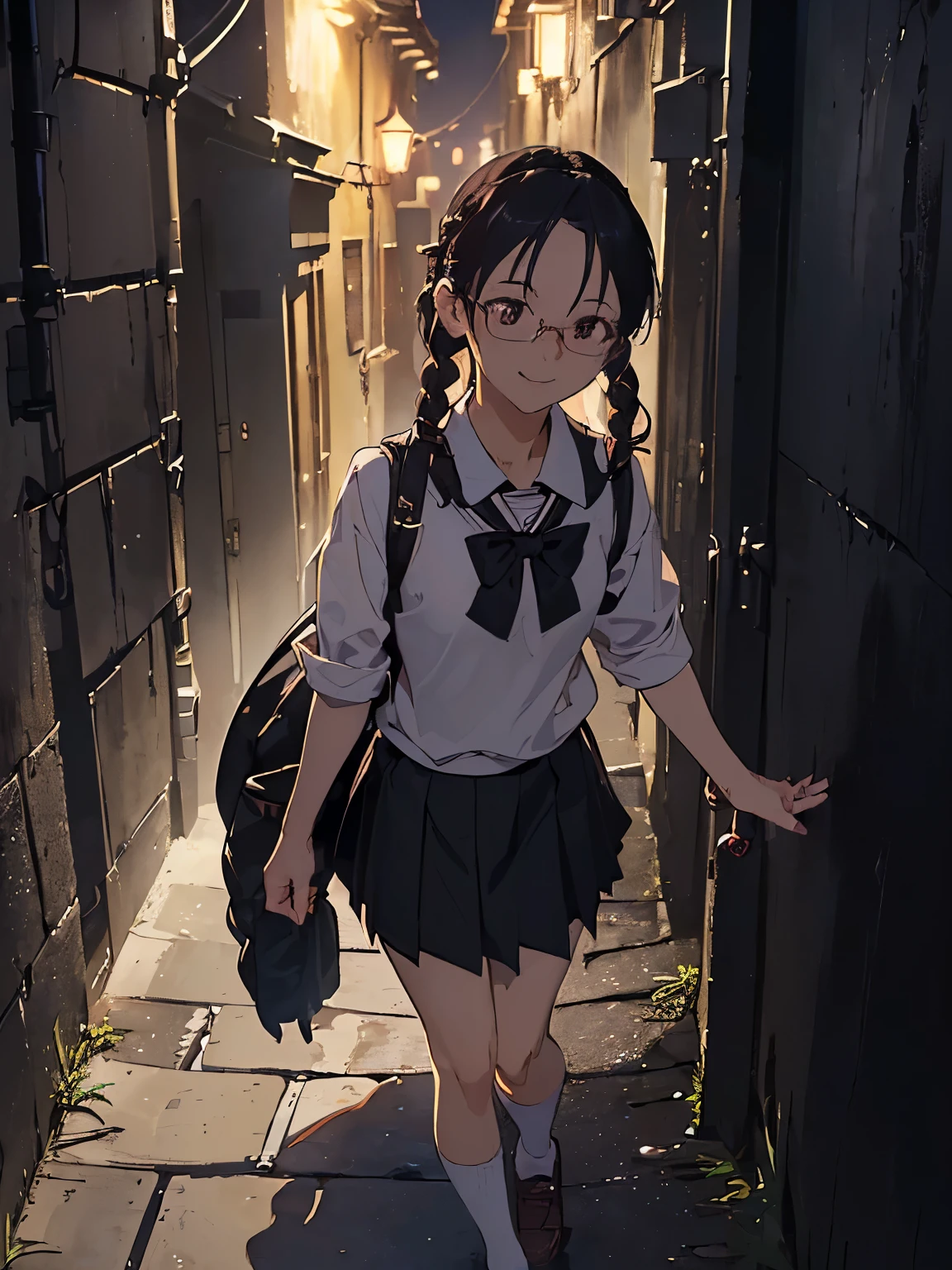 (((masterpiece))) ((( background : horror theme : dark backalley : at night : dark : someone is stalking ))) ((( character : chu: fit body : small breast :  braided hair : nerd : wearing glasses : white school uniform : walking down alleyway : smile )))