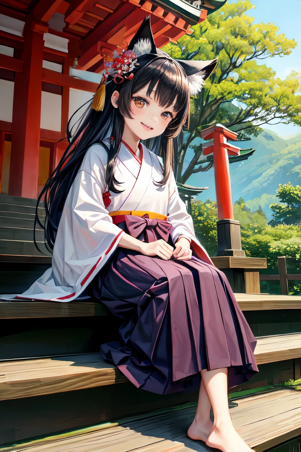 the lady is sitting on the steps with traditional japanese attire, 1girl, japanese clothes, stairs, torii, animal ears, miko, solo, black hair, long hair, sitting, fox ears, outdoors, hair ornament, flower, hakama, hair flower, red hakama, hakama skirt, looking at viewer
, grin, ((kiddie, JC,littlegirl,kodomo))