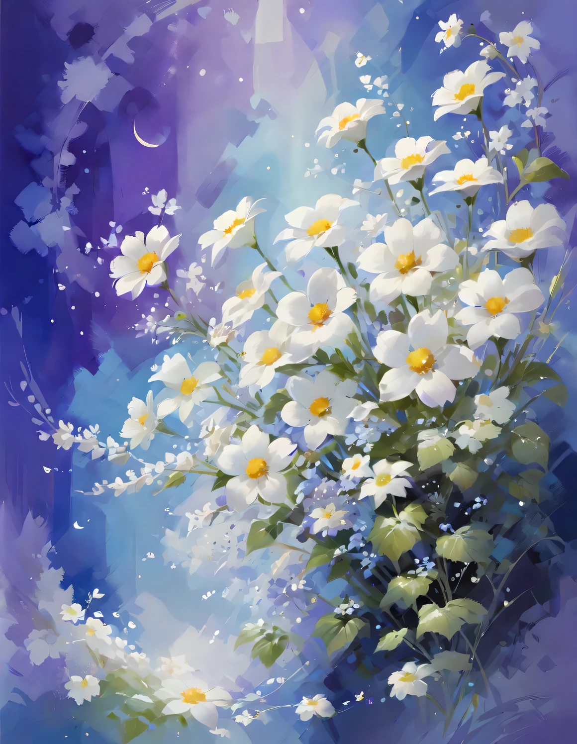 Full color wallpaper with violet background, white flower, Adopt Xiao Feiyue style, muted tones, The beauty of peace and tranquility, Dark white and light blue, colorful, high resolution, watercolor painting,