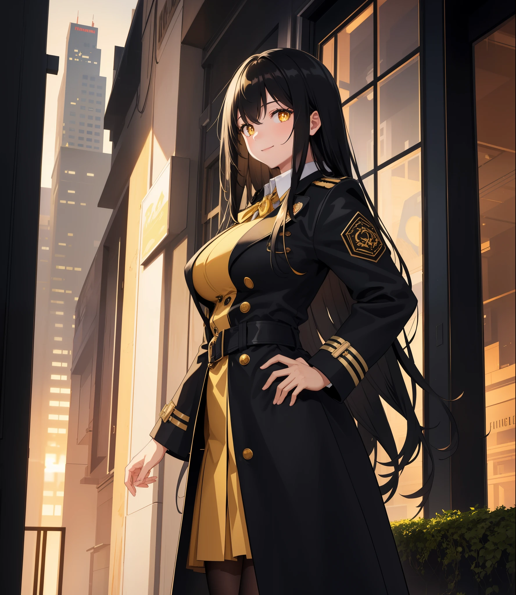 masterpiece, best quality, {{{masterpiece}}}, highres, intricate detail, fine detail, best quality, dynamic light, dynamic shadow, cinematic light, ray tracing, extremely detailed, 1girl, ((black hair)), very long hair, long straight hair, ((yellow pupils)), detailed eyes, first rate female bodies, first rate breasts, huge breasts, halterneck, trench coat uniform, dark aura, view of city building in behind, cinematic shot, smile, glowing eyes, starry sky, hand on hip,