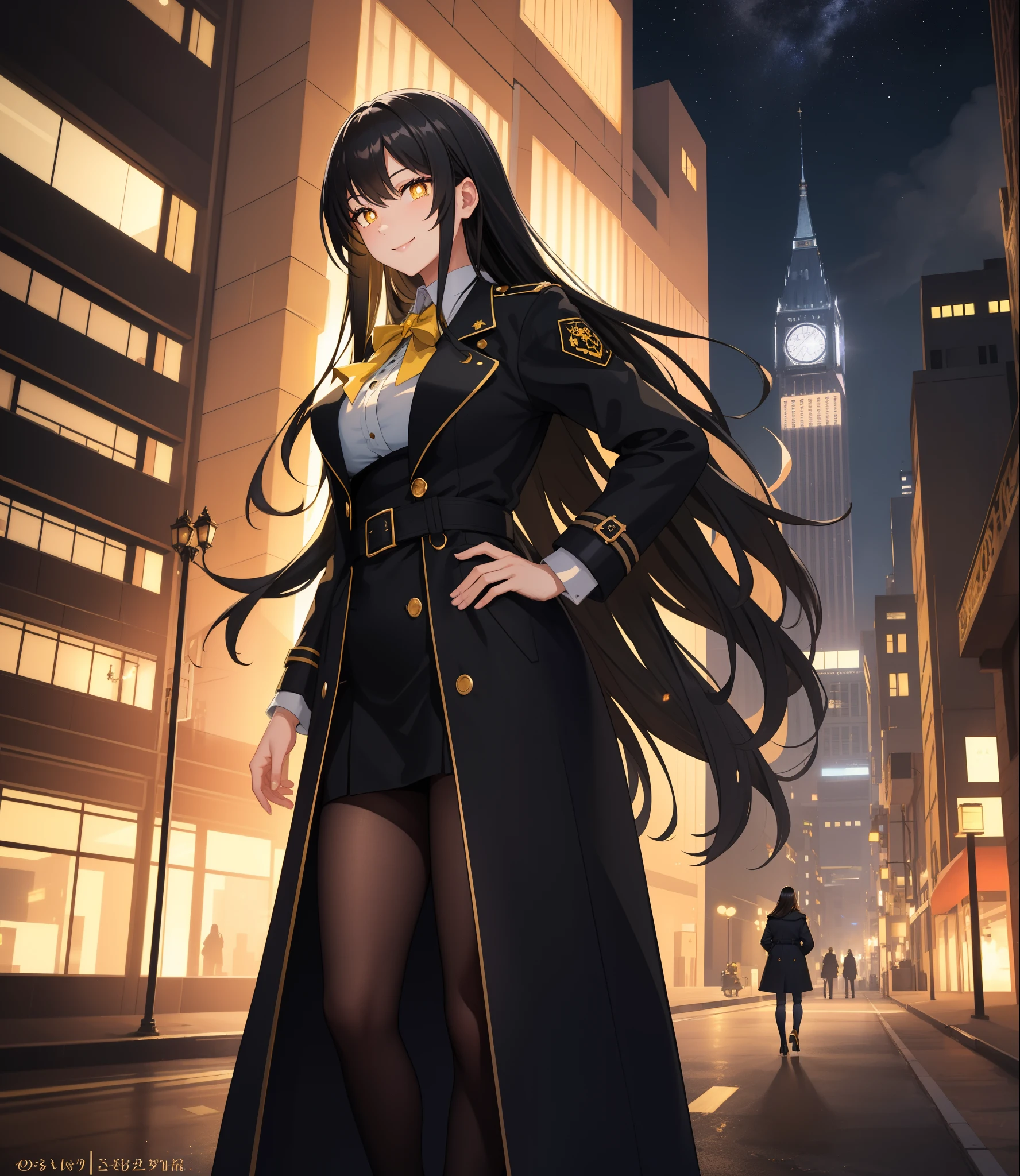 masterpiece, best quality, {{{masterpiece}}}, highres, intricate detail, fine detail, best quality, dynamic light, dynamic shadow, cinematic light, ray tracing, extremely detailed, 1girl, ((black hair)), very long hair, long straight hair, ((yellow pupils)), detailed eyes, first rate female bodies, first rate breasts, huge breasts, halterneck, trench coat uniform, dark aura, view of city building in behind, cinematic shot, smile, glowing eyes, starry sky, hand on hip,