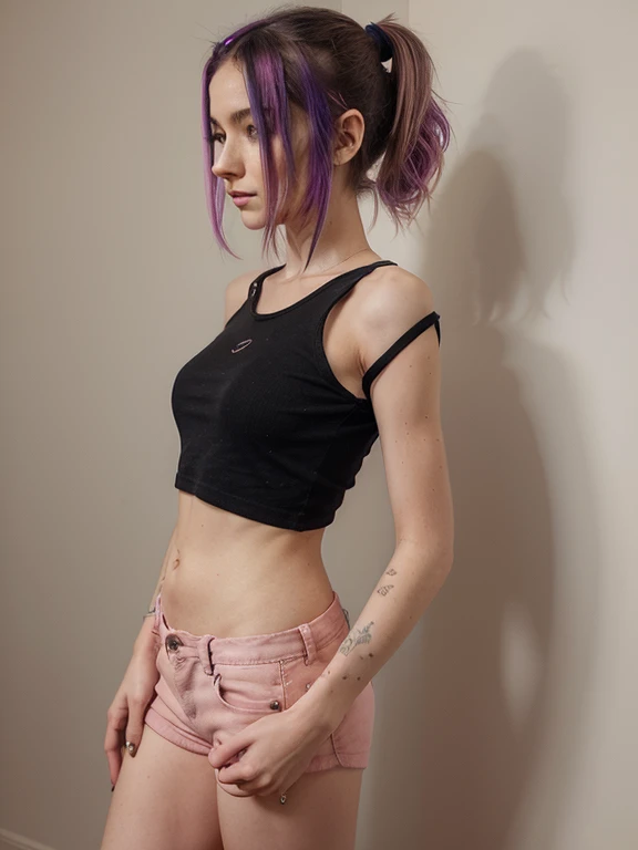 Indie girl, alternative girl, 26 years old, petite, slim, ponytail, photorealistic, full body, scantily dressed, colorful hair