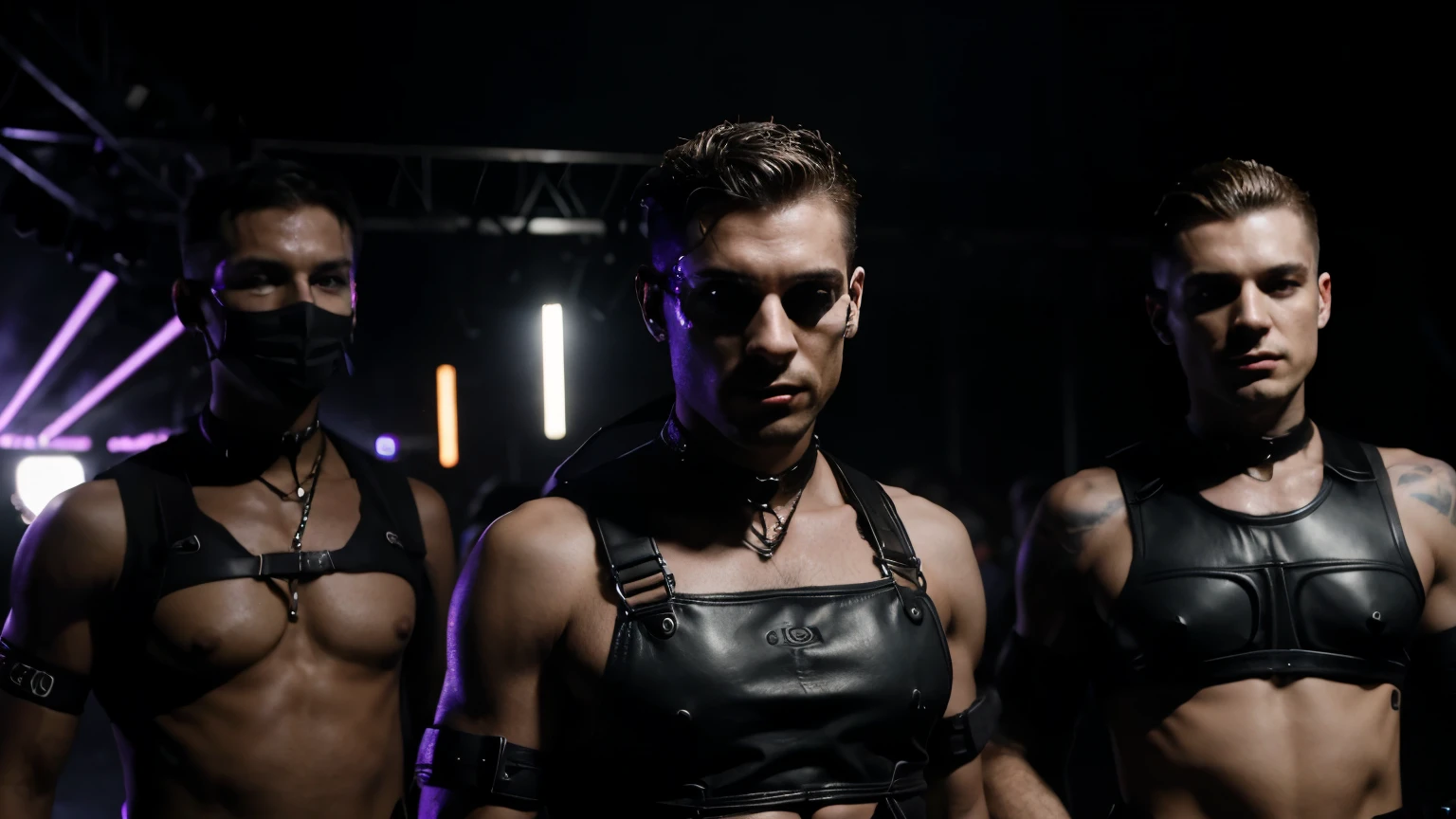dark techno rave, leather harness, ravers, only HD, no blurry faces. dark vibes, many ravers, models, built gay male ravers
