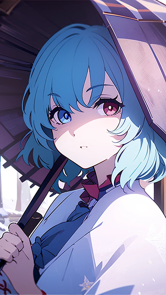 (best quality, masterpiece:1.2), ultra-detailed, perfect face, Kogasa Tatara, Touhou Project, 1girl, winter, snow, Japan, left blue eye, right red eye, outside of a store, holding an umbrella, Japanese traditional clothes.