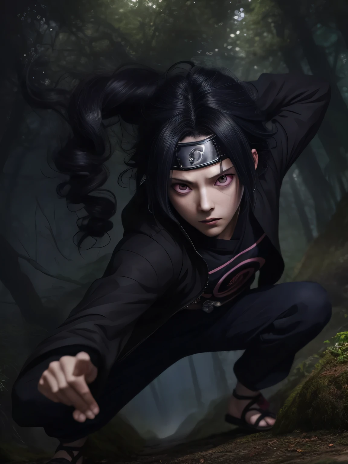 girl with dark eyes and black hair, Sasuke Uchiha&#39;s twin sister, anime curls "naruto", Dark clothes, Ninja Girl, Against the background of the forest, dynamic pose, Cinematic quality, Highest quality, masterpiece