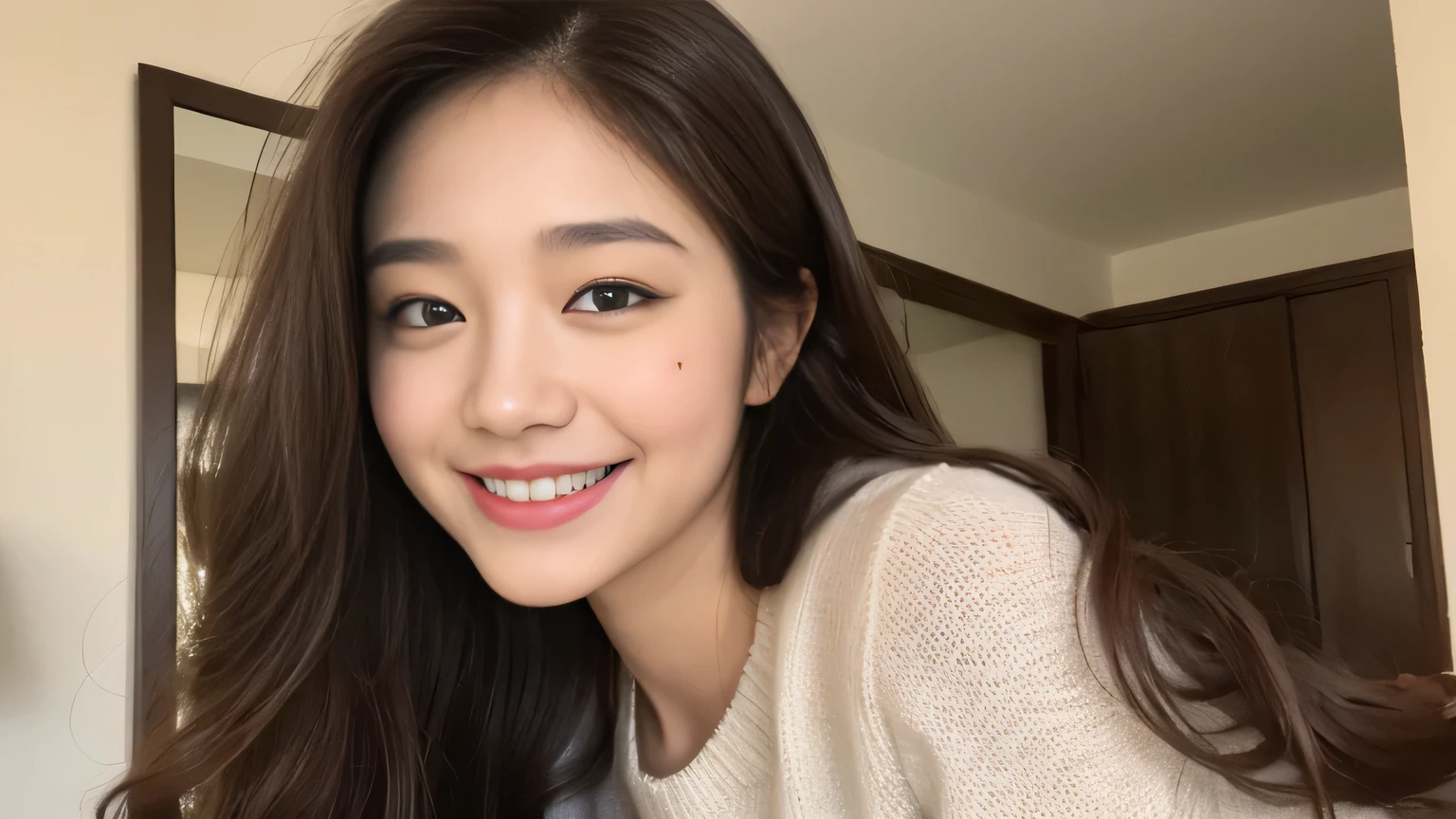 ((best quality, 8k, masterpiece :1.3)), 1 girl, smiling, whole body, face slimming, pretty Woman, (Long dark brown slightly curly hair), band :1.1, Super detailed face, exquisite eyes, double eyelids, blurred background, face slimming, at home