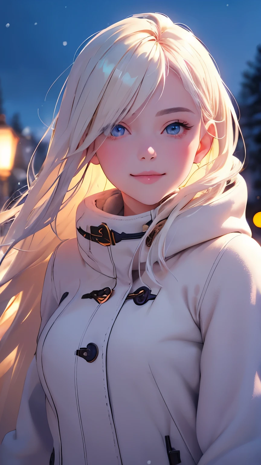 (masterpiece), (best quality), 1girl, (perfect face:1.2), (beautiful face:1.2), platinum blonde hair, (from under, upper body:1.3), happy, light smile, looking at viewer, pose, 
winter coat, outdoors, winter, snow, night time, intricate, depth of field, cinematic lighting,
