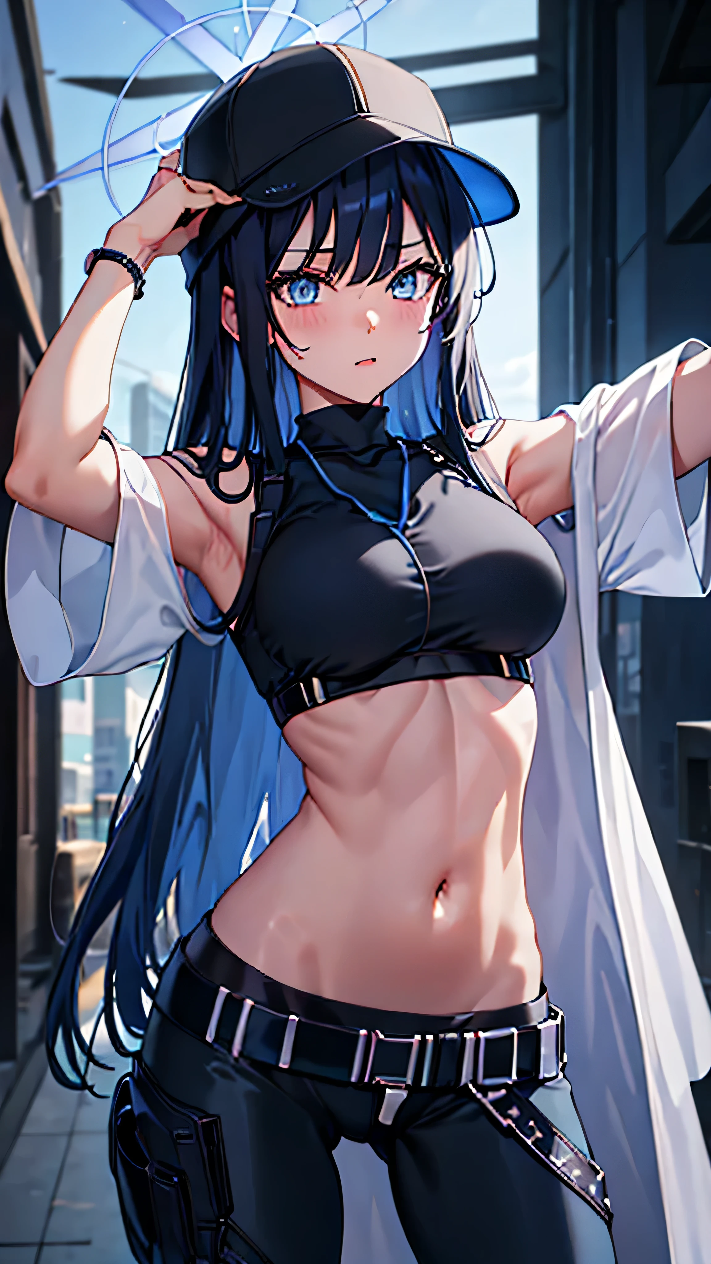 saori_bluearchive, bedazzling eyes, exposed stomach, exposed midriff, bare tummy, long_hair, bangs, blue_eyes, black_hair, halo, hat, breasts, baseball_cap, sleeveless, blue_hair, black_headwear, navel, stomach, large_breasts, glitter, starlight