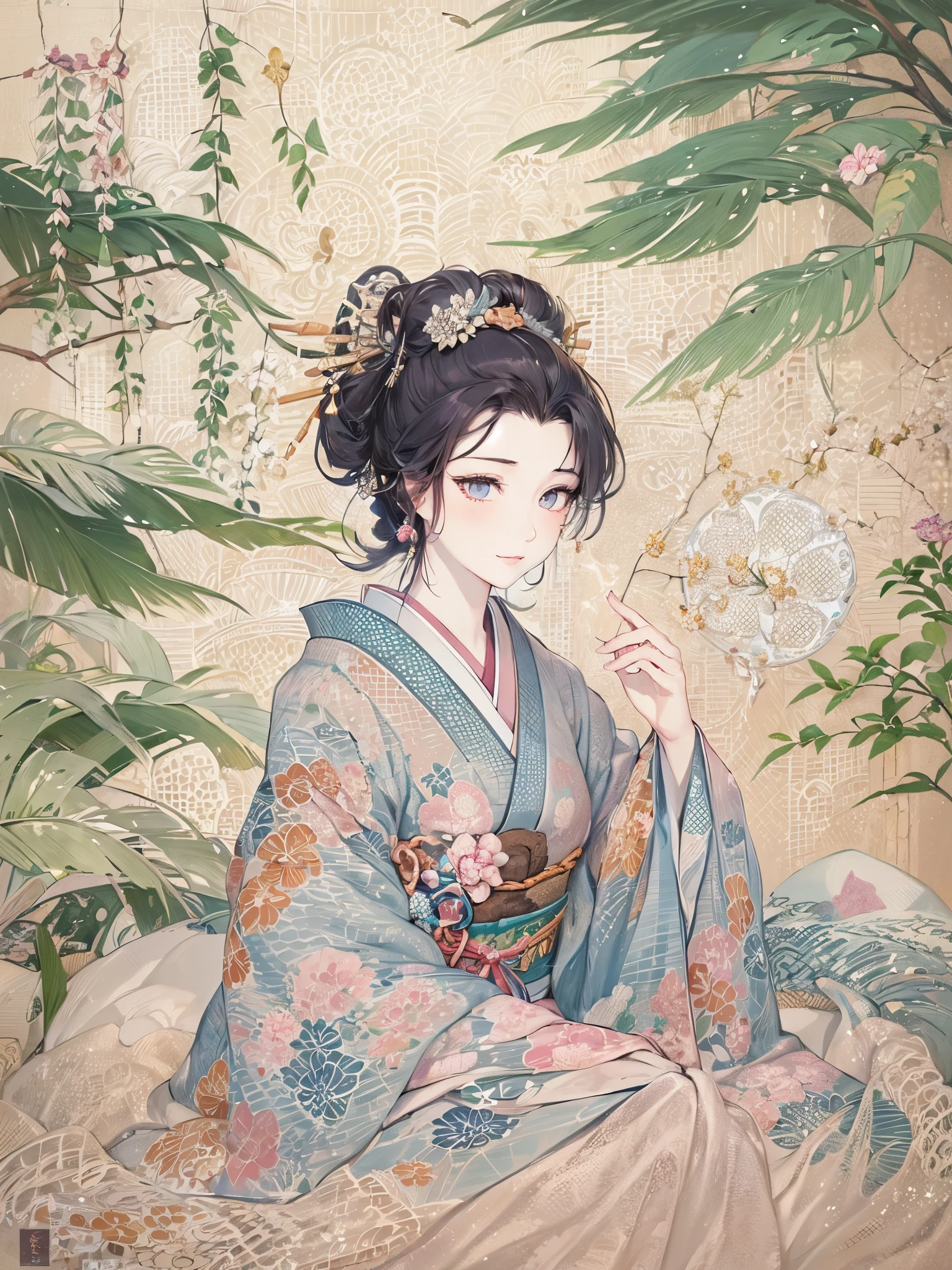 ((highest quality)),(ultra high resolution),(Super detailed),(detailed description),((best CG)),(best work of art),super precision art,great drawing art,(Japanese-style art with precise details:1.5),Heian Emaki:1.7, (1 woman:1.6),court poet:1.5,gentle smile:1.6, (Beautiful 12 hite drawn in precise detail:1.8), censer:1.4,