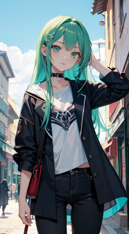tikubi 10 years old, 1 girl, young girl, anime style, slender body, クロップトップの黒いパーカーを着たアニメのyoung girl, Skinny Jeans Pants, blue long hair and hair clip, Green eye color, Photo collection of cute poses, Straight down the street of the tower, Anime Art Wallpapers, be familiar with, 8K, high quality