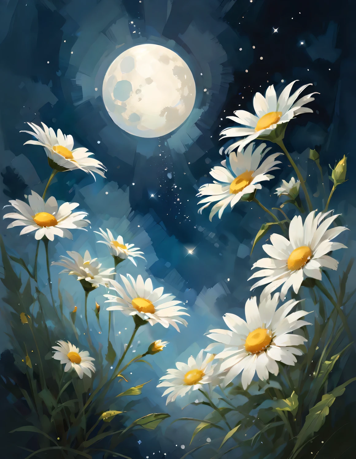 Full color wallpaper of daisies background, Adopt Xiao Feiyue style, with pastel tones, The beauty of peace and tranquility, Dark white and light blue, colorful, high resolution, watercolor painting,