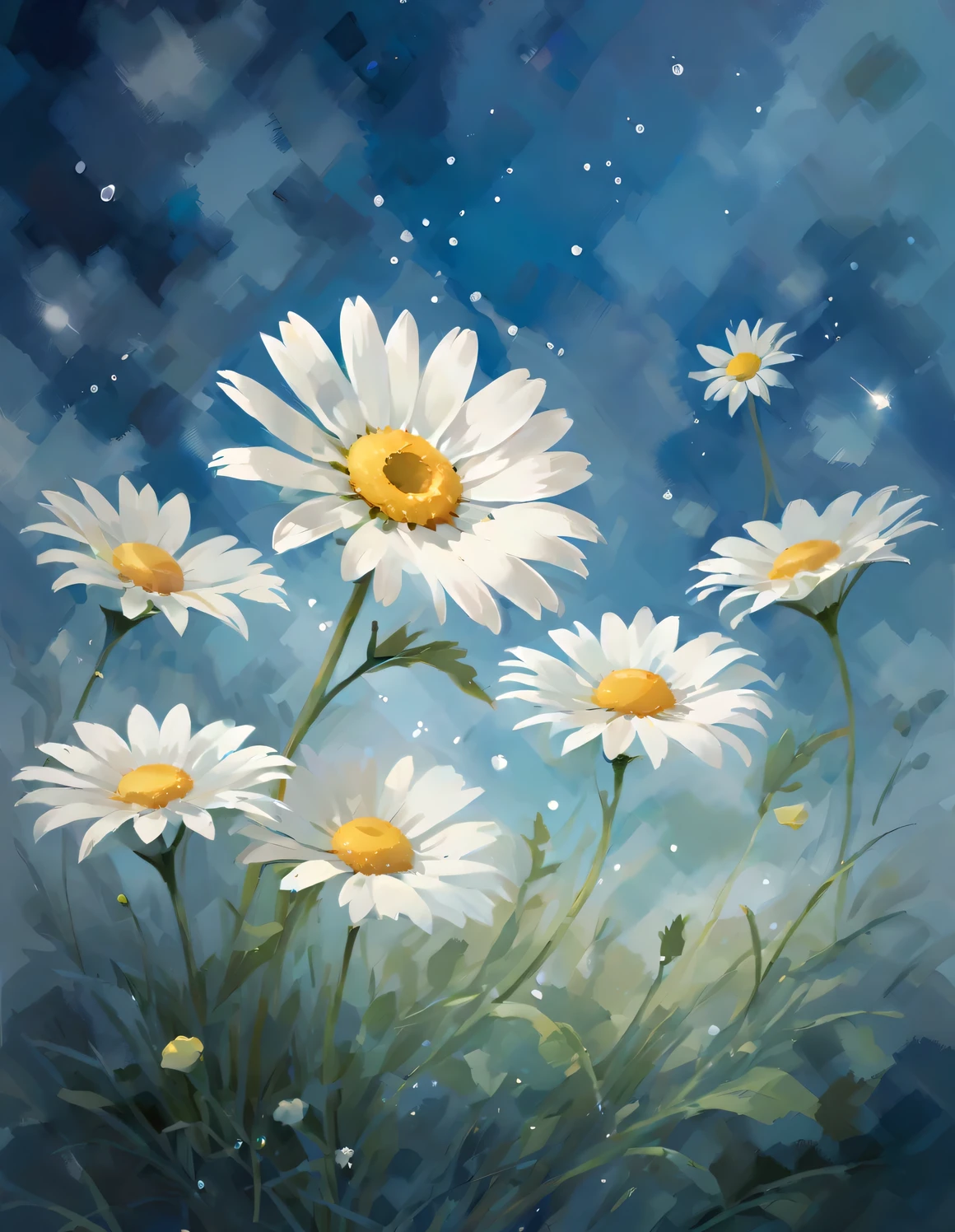 Full color wallpaper of daisies background, Adopt Xiao Feiyue style, with pastel tones, The beauty of peace and tranquility, Dark white and light blue, colorful, high resolution, watercolor painting,