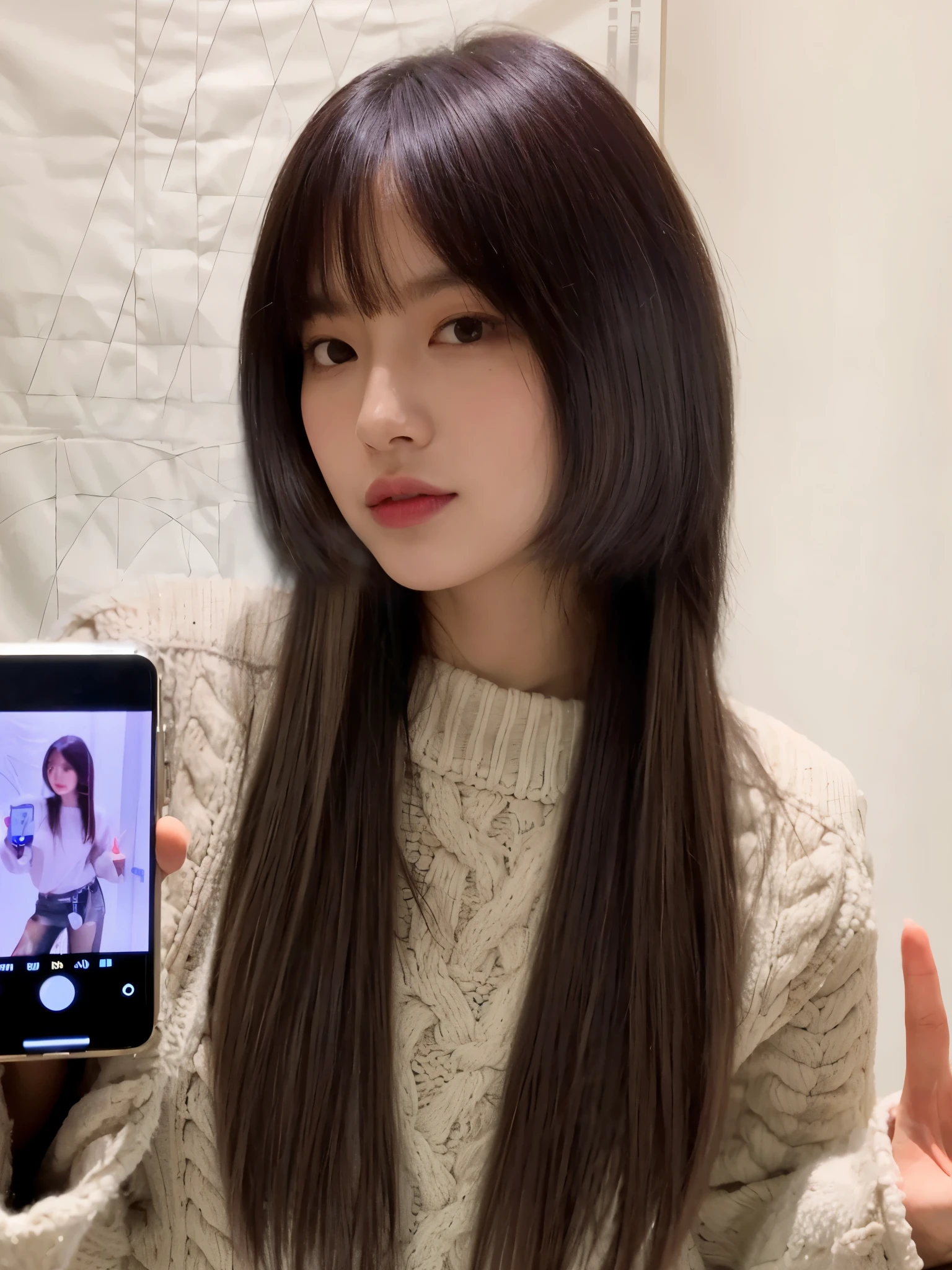 Araf woman holds up mobile phone，There is a picture of a woman on it, Urzan, 8K selfie photo, 刘海long hair, Larissa Manobar, 齐刘海long hair, Blackpink’s Larissa Manoban, she has black hair，Have bangs, long hair, Blackpink Josie&#39;s Portrait, [ Realistic photos ]!!
