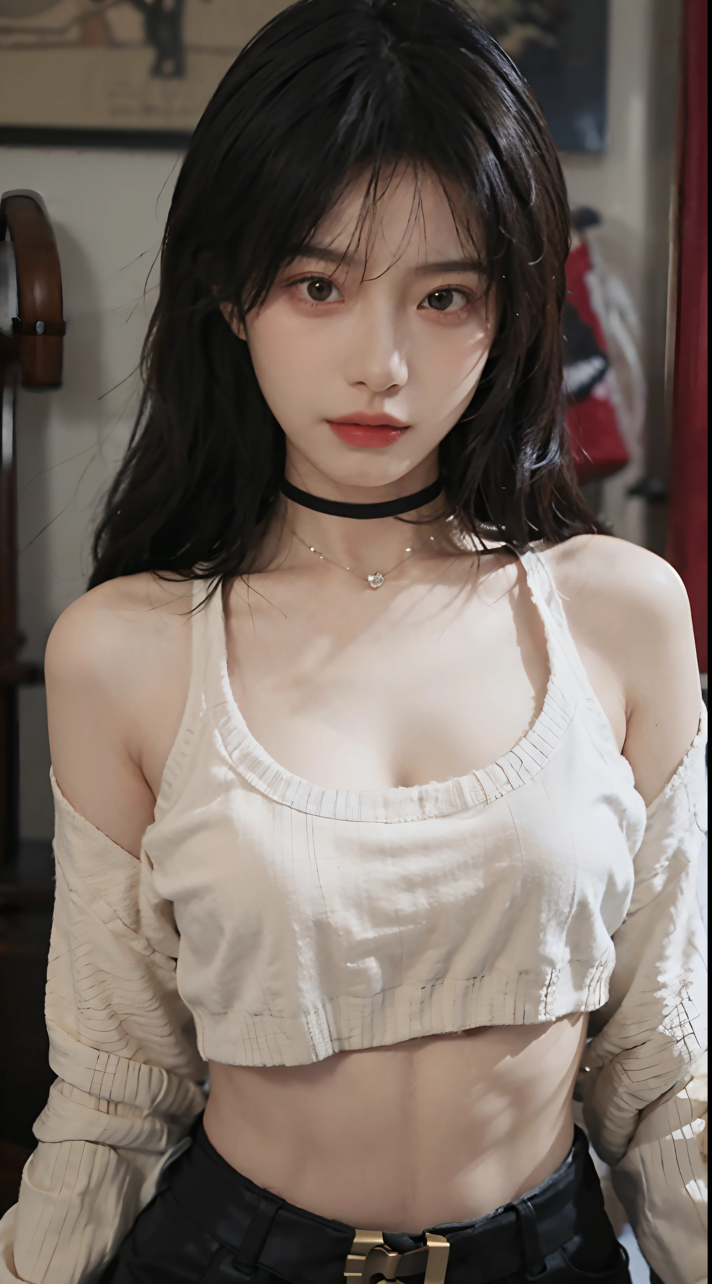 best quality, ultra high resolution, (realistically:1.4),Baoyu Girl,lipstick,1 girl, ,Cropped red sweater,a sense of atmosphere,Beautiful woman with a slim figure:1.4, abdominal muscles:1.1, bathroom,Super thin face,Leather jacket,exquisite eyes,double eyelids,necklace