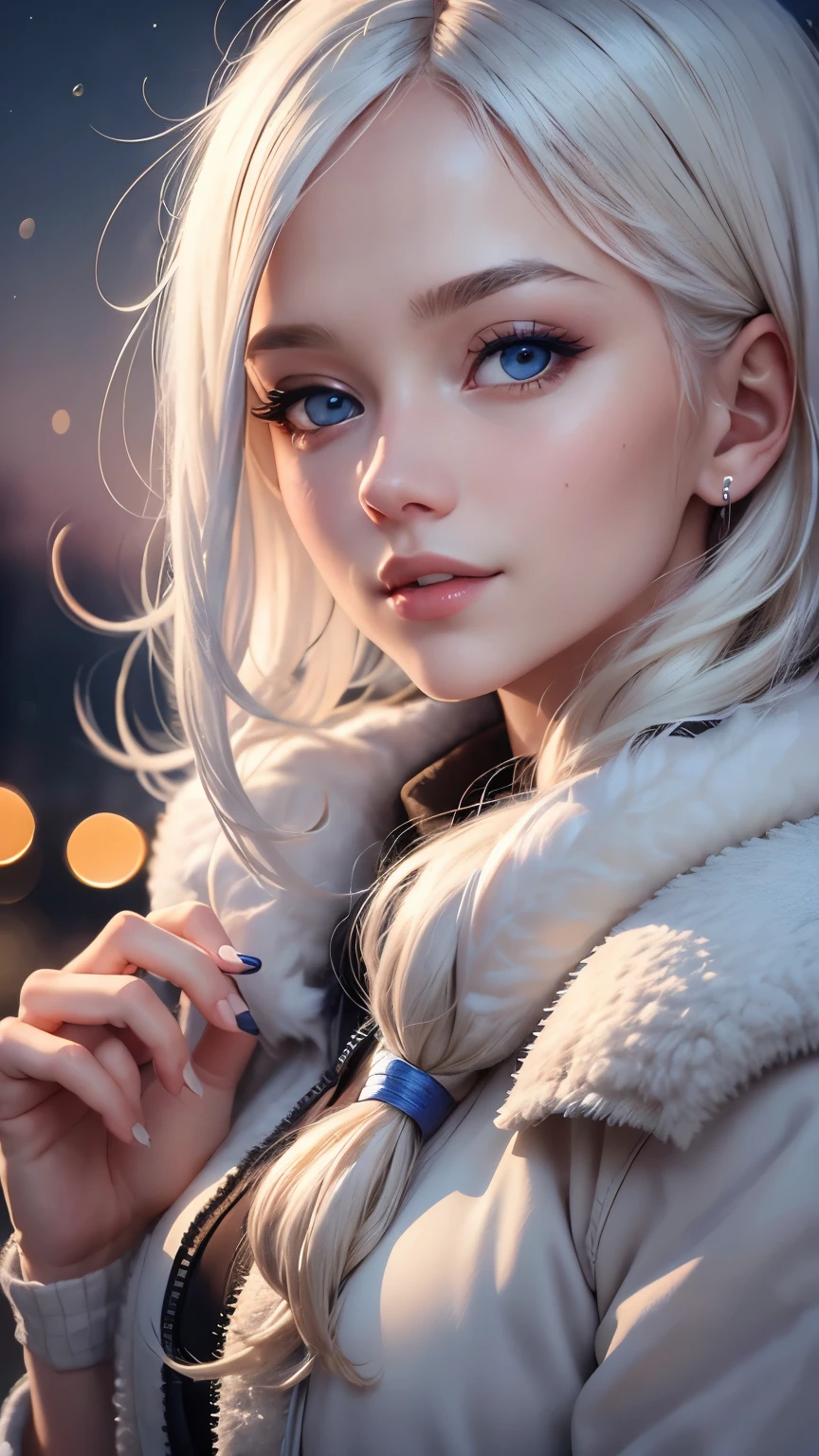 (masterpiece), (best quality), 1girl, (perfect face:1.2), (beautiful face:1.2), platinum blonde hair, (from under, upper body:1.3), happy, light smile, looking at viewer, pose, 
winter coat, outdoors, winter, snow, night time, intricate, depth of field, cinematic lighting,