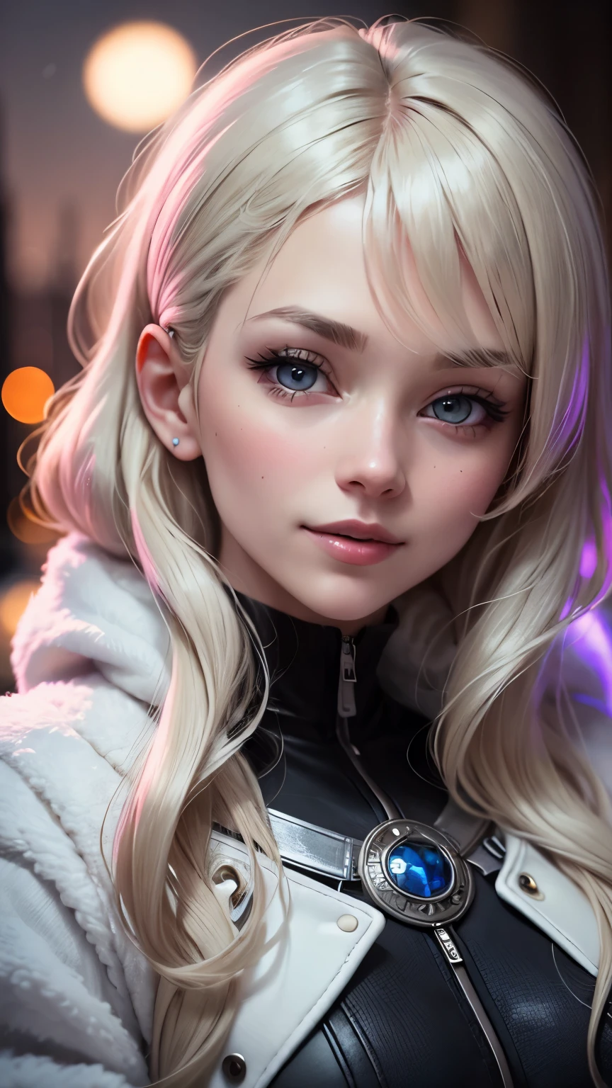 (masterpiece), (best quality), 1girl, (perfect face:1.2), (beautiful face:1.2), platinum blonde hair, (from under, upper body:1.3), happy, light smile, looking at viewer, pose,
winter coat, outdoors, winter, snow, night time, intricate, depth of field, cinematic lighting,