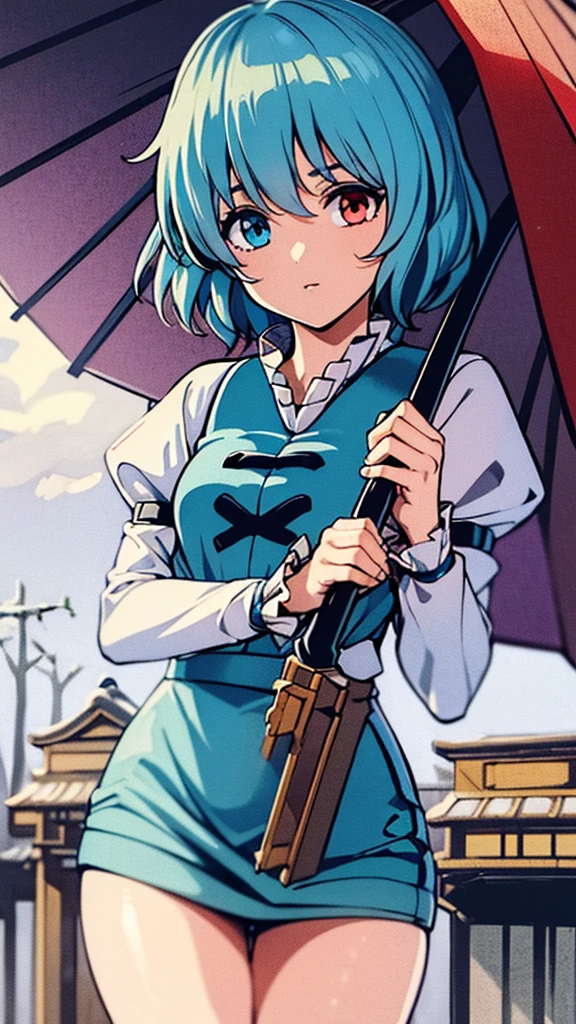 (best quality, masterpiece:1.2), ultra-detailed, perfect face, Kogasa Tatara, Touhou Project, 1girl, winter, snow, Japan, left blue eye, right red eye, outside of a store, holding an umbrella, Japanese traditional clothes.