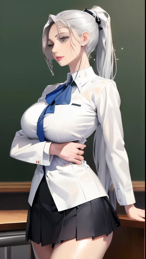 masterpiece, exquisite, (realistic, woman alone, alone, beautiful face, slender face, beautiful eyes), (breast) persona 3, female, big, G cup, silver hair, long hair, ponytail, school uniform, deep V neck, mini skirt, school classroom, slit eyes、(((dripping sweat、oil skin,sparkling skin、realistic skin texture、detailed beautiful skin、shiny skin、shiny white skin)))
