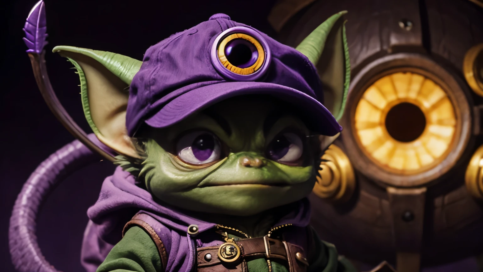Gremlin with purple beholder cap