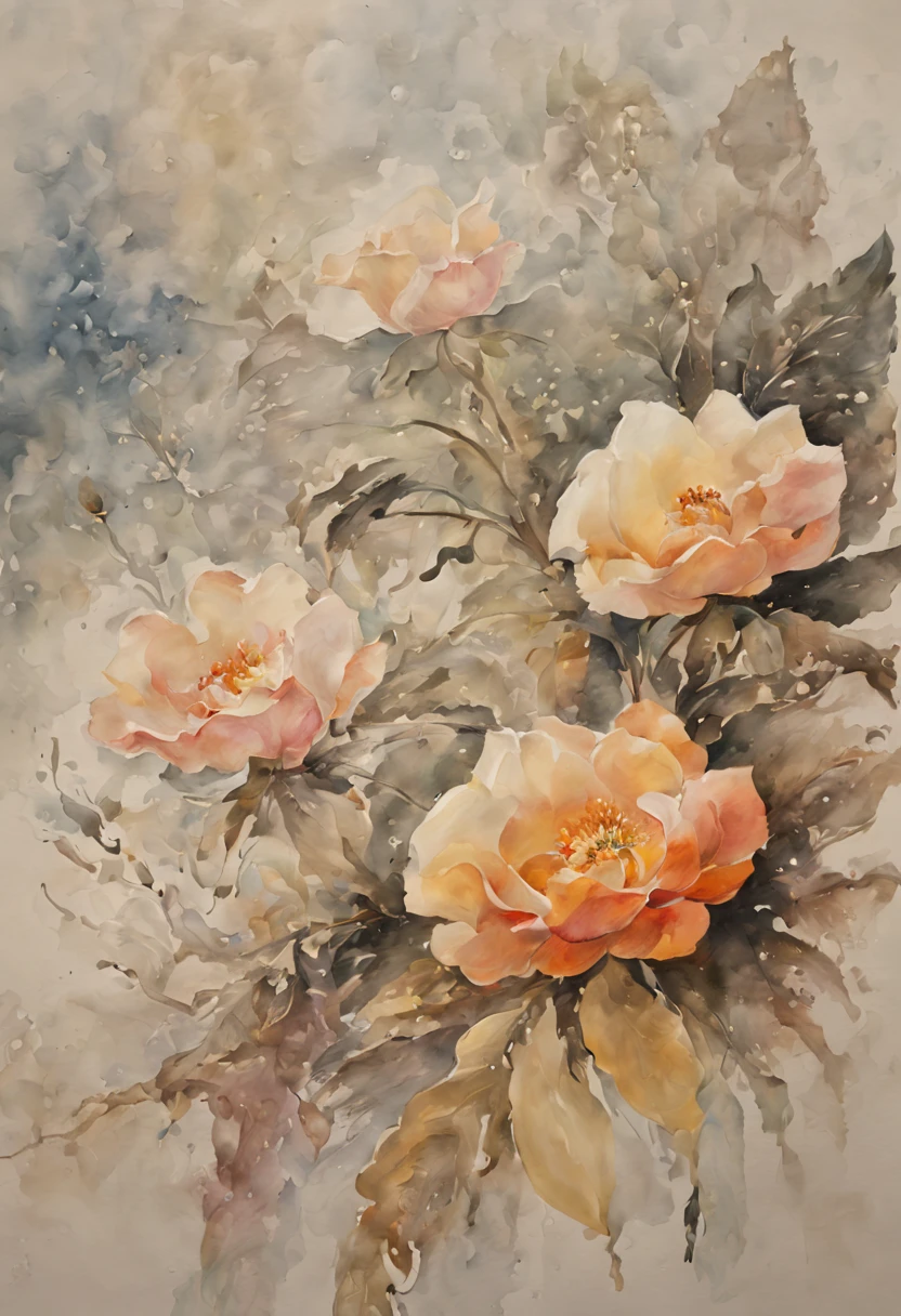 (best quality, 4k, 8k, high resolution, masterpiece: 1.2), ultra detailed, (realistic, photorealistic, photorealistic: 1.37), intricate details,watercolor painting art,a bouquet of flowers painted with watercolors,delicate brushstrokes,vibrant colors,soft and fluid textures,hints of transparency and blending,subtle gradients of color,impressionistic style,loose and spontaneous brushwork,freshness and luminosity,elegant composition,graceful petals and stems,blooming flowers in full bloom,clusters of delicate petals,natural and organic shapes,pleasing color harmony,subdued and pastel hues,splatters and splashes of paint,water droplets and wet effects,layering and glazing techniques,detailed veins and stamens,light and airy atmosphere,bright and sunny garden setting,soft and diffused lighting,harmony between light and shadow,playful interaction of light and water,tranquil and peaceful ambiance,serenity and tranquility,ethereal and dreamlike quality,inviting and relaxing mood.