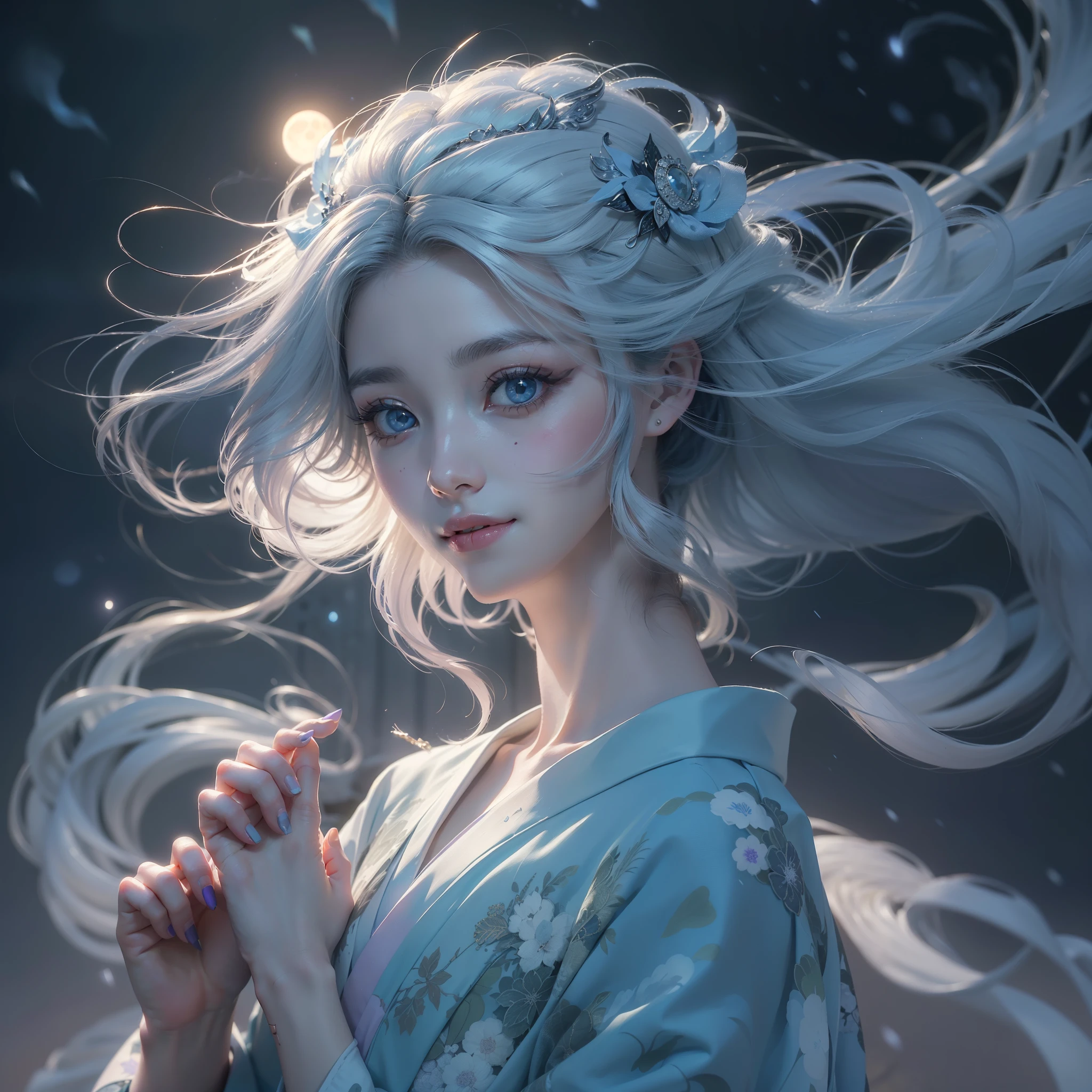 (Award-winning masterpiece, incredibly detailed, Texture and maximum detail), (hyper realistic:1.4), (realistic:1.3), (full body image:1.7), (upper body up:0.3), (transparent, strangely white skin with the highest quality realistic texture), (five perfect and beautiful fingers:1.8), (Yukionna from Japanese folktales: 1.6), (smile: 1.7), (Fine circular symmetrical eyes), (Dense and breathtakingly beautiful face: 1.6), (Image of an aesthetic and decadent atmosphere: 1.6), (Although she is fair-skinned, her skin and face are beautiful.,: 1.6), (Beautiful long black hair fluttering in the wind:1.4), (Wearing decadent and delicately crafted accessories: 1.8), (Bioluminescent bright blue eyes: 1.7), (Fallen beauty: 1.6), (Blue eyes that emit a strong blue light from within:1.7), (The calm white old Japanese kimono that covers the whole body has been badly damaged., but、brave and delicate: 1.8), (less skin exposure:1.5), (Strong moonlight shining in from overhead: 1.7), ((dramatic photos)), ((cinematic light)), (full body portrait:1.7), (look up), (rabbit ears on head 1:8), (dramatic pose), (Smoke effects and bewitching lights:1.4), beautiful white hair, beautiful silver hair, beautiful blonde hair, Wind effect, Swirling snow, Blizzard, Winter storms, wind and rain, (purple smoke is floating in the air: 1.3), (A Blizzard field, Quiet snowfield on a moonlit night, Midnight Snow Town), (dark night, full moon night, New Moon Night), epic realistic, faded, ((neutral color)), Art book, (nffsw:1.5), (calm colors:1.2), very detailed, (Art book station:1.5), cinematic, warm light, light effect, dramatic light, (intricate details:1.1), complex background, (greg latkowski:0.8), (teal and orange:0.4),