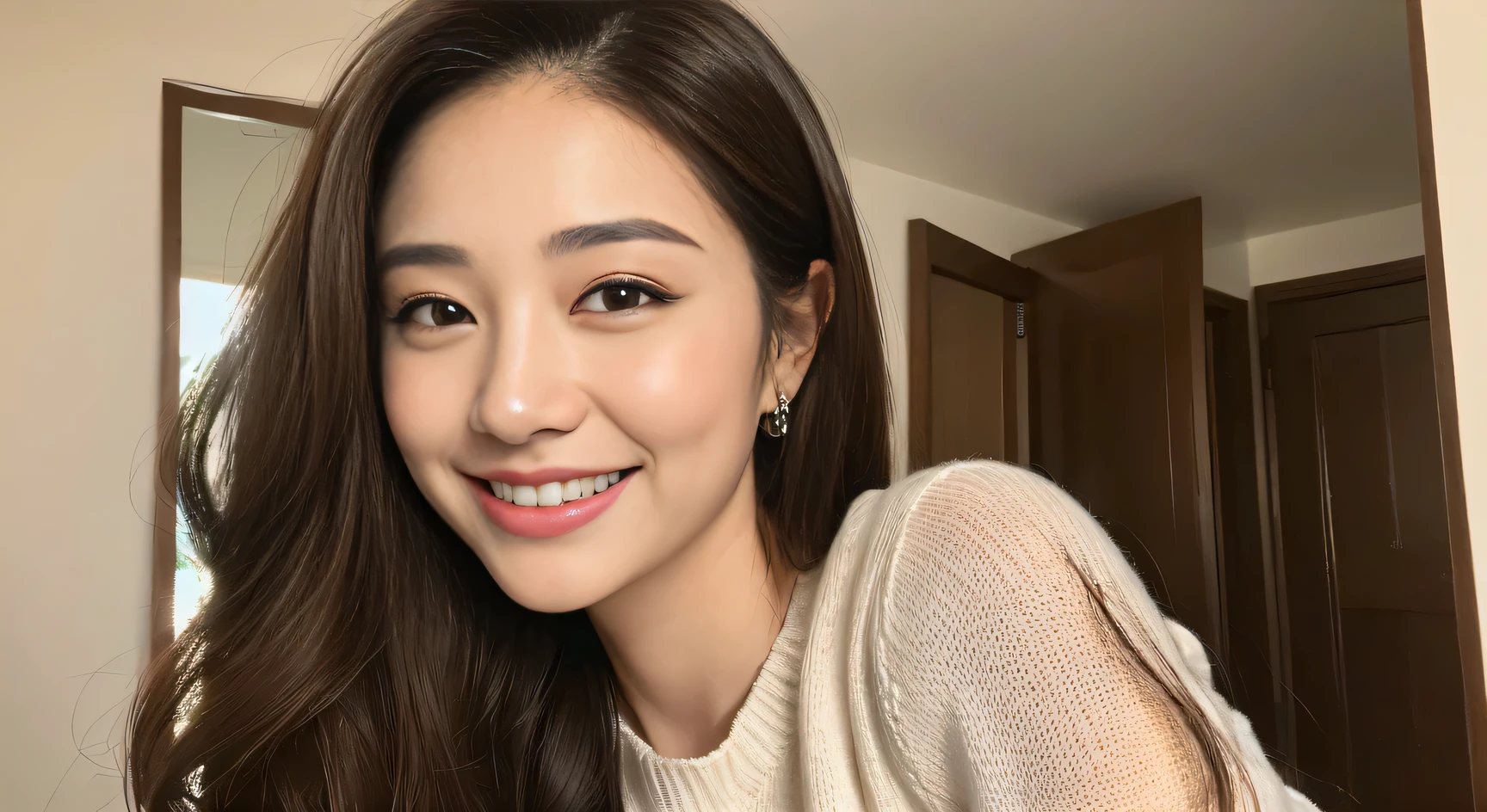 ((best quality, 8k, masterpiece :1.3)), 1 girl, smiling, whole body, face slimming, pretty Woman, (Long dark brown slightly curly hair), band :1.1, Super detailed face, exquisite eyes, double eyelids, blurred background, face slimming, at home