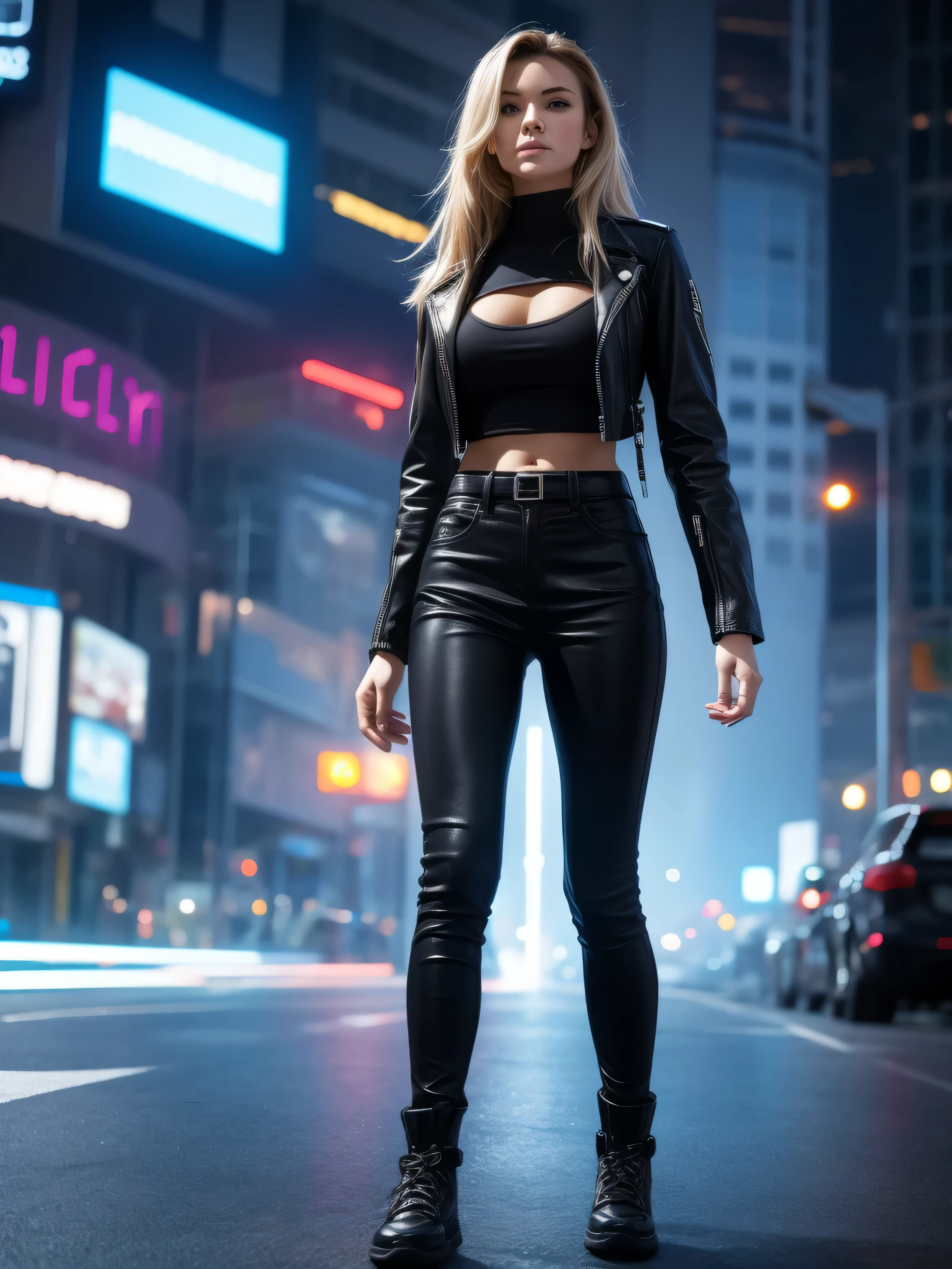 cyber punk　a  girl　A futuristic world　Beautiful Girl　Leather jacket　Leather pants　Long　Leather pants