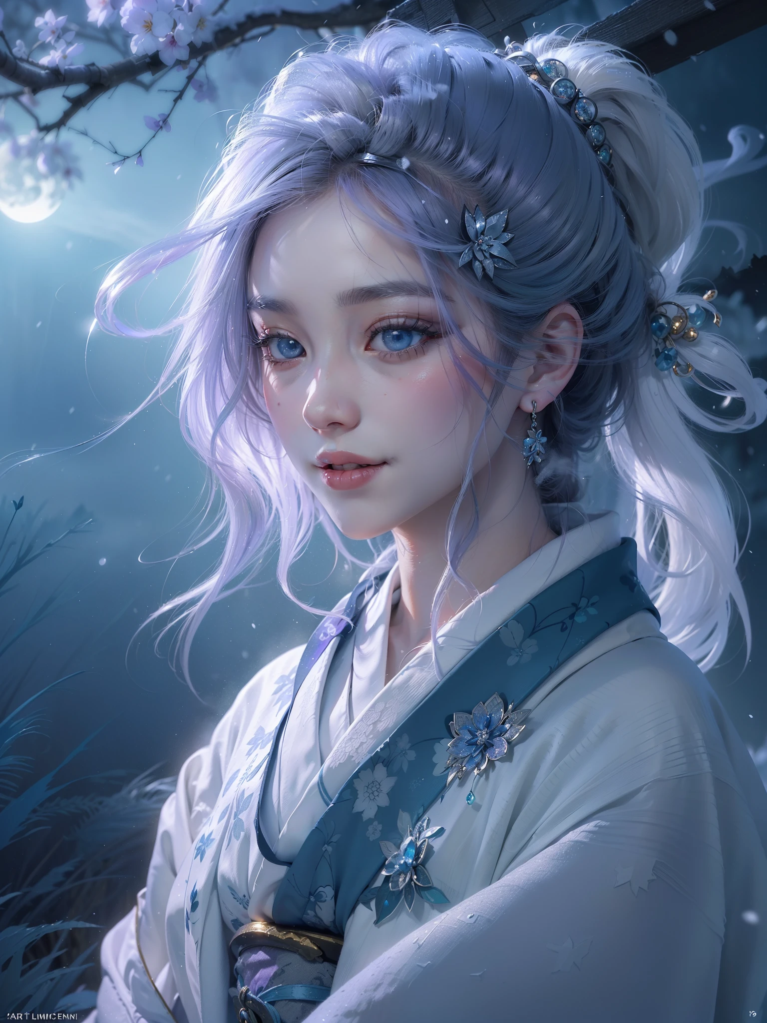 (Award-winning masterpiece, incredibly detailed, Texture and maximum detail), (hyper realistic:1.4), (realistic:1.3), (full body image:1.7), (upper body up:0.3), (transparent, strangely white skin with the highest quality realistic texture), (five perfect and beautiful fingers:1.8), (Yukionna from Japanese folktales: 1.6), (smile: 1.7), (Fine circular symmetrical eyes), (Dense and breathtakingly beautiful face: 1.6), (Image of an aesthetic and decadent atmosphere: 1.6), (Although she is fair-skinned, her skin and face are beautiful.,: 1.6), (Beautiful long black hair fluttering in the wind:1.4), (Wearing decadent and delicately crafted accessories: 1.8), (Bioluminescent bright blue eyes: 1.7), (Fallen beauty: 1.6), (Blue eyes that emit a strong blue light from within:1.7), (The calm white old Japanese kimono that covers the whole body has been badly damaged., but、brave and delicate: 1.8), (less skin exposure:1.5), (Strong moonlight shining in from overhead: 1.7), ((dramatic photos)), ((cinematic light)), (full body portrait:1.7), (look up), (rabbit ears on head 1:8), (dramatic pose), (Smoke effects and bewitching lights:1.4), beautiful white hair, beautiful silver hair, beautiful blonde hair, Wind effect, Swirling snow, Blizzard, Winter storms, wind and rain, (purple smoke is floating in the air: 1.3), (A Blizzard field, Quiet snowfield on a moonlit night, Midnight Snow Town), (dark night, full moon night, New Moon Night), epic realistic, faded, ((neutral color)), Art book, (nffsw:1.5), (calm colors:1.2), very detailed, (Art book station:1.5), cinematic, warm light, light effect, dramatic light, (intricate details:1.1), complex background, (greg latkowski:0.8), (teal and orange:0.4),