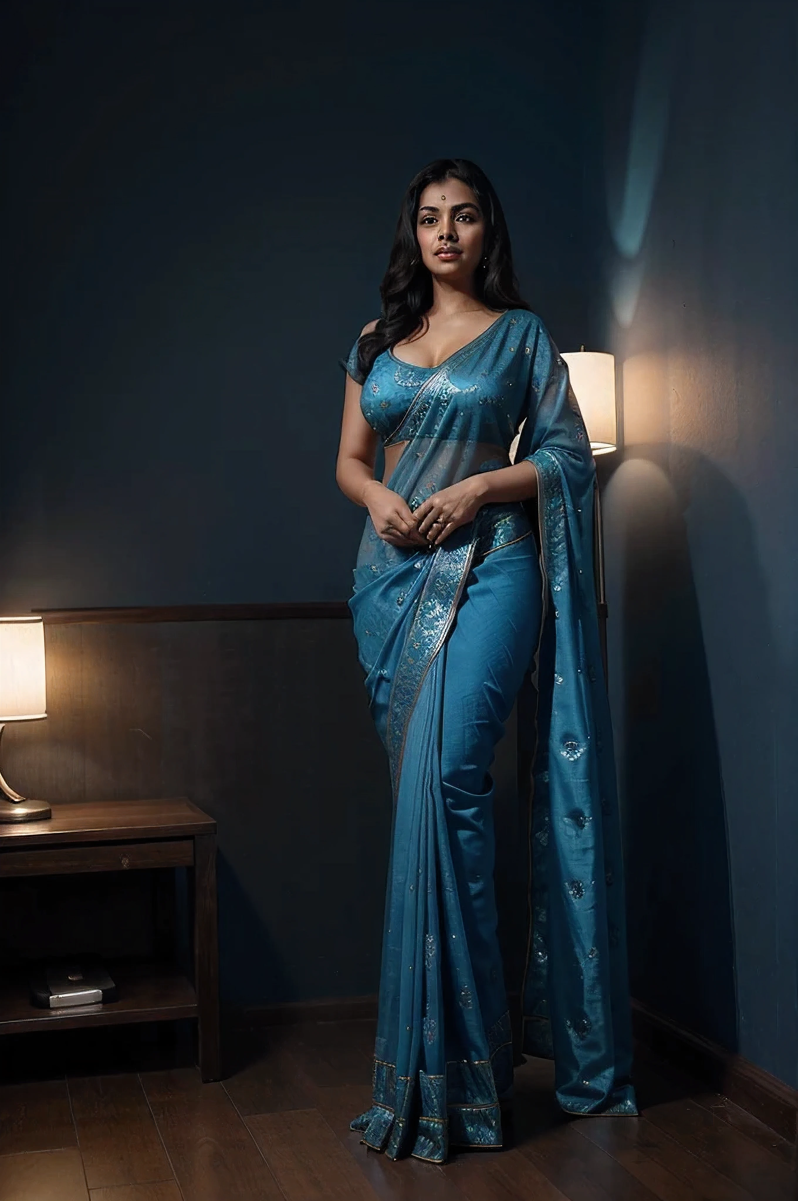 hot sexy busty 30 years old aunty in sexy peacock-blue saree and sowing her full body structure in dark room