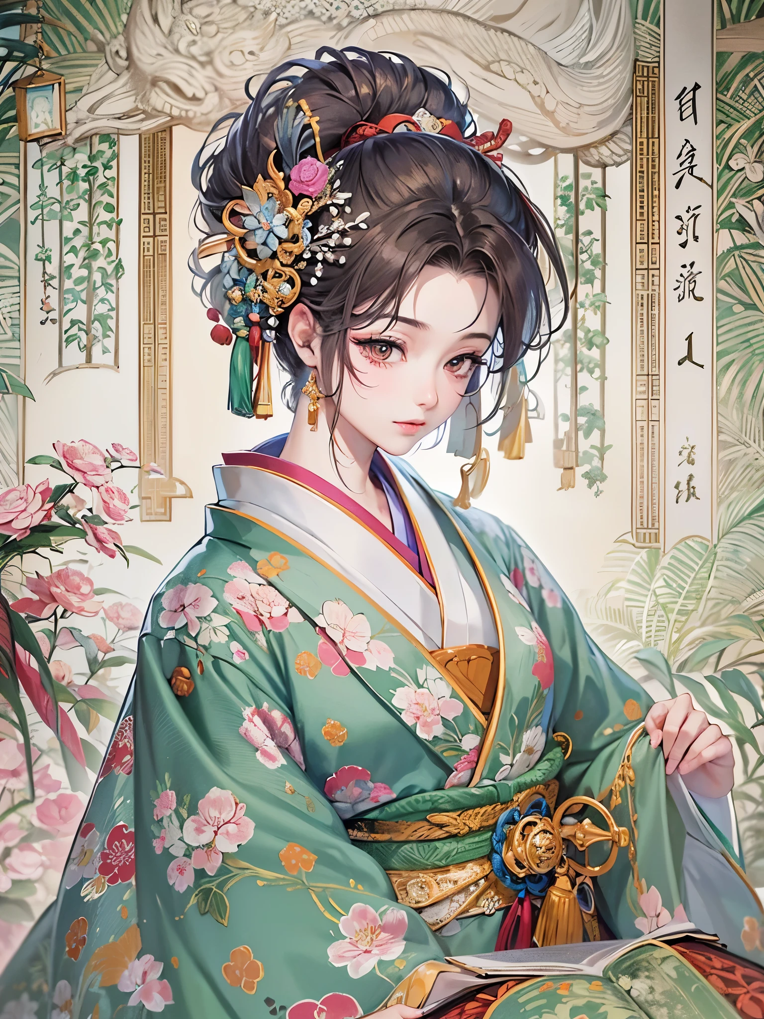 ((highest quality)),(ultra high resolution),(Super detailed),(detailed description),((best CG)),(best work of art),super precision art,great drawing art,(Japanese-style art with precise details:1.5),Heian Emaki:1.7, (1 woman:1.6),court poet:1.5,gentle smile:1.6, (Beautiful 12 hite drawn in precise detail:1.8), censer:1.4,