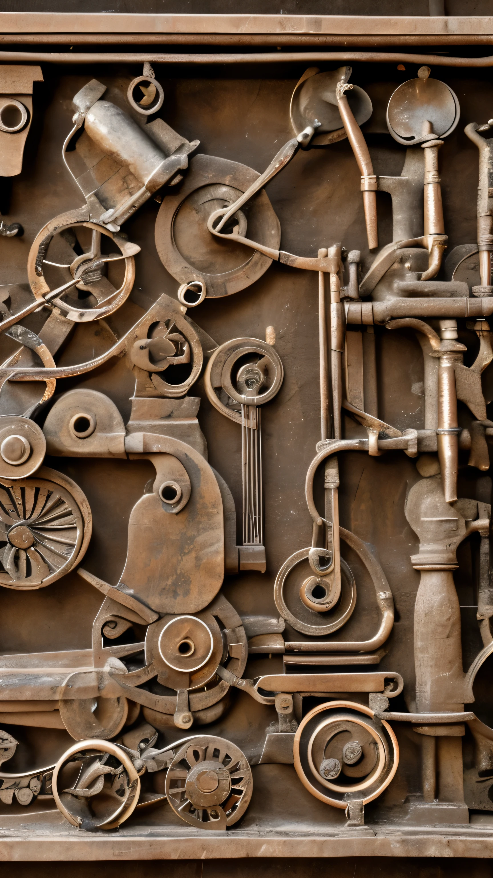 relief stone carvings,Old machines of different shapes are connected by rusty pipes,diode,the background is white