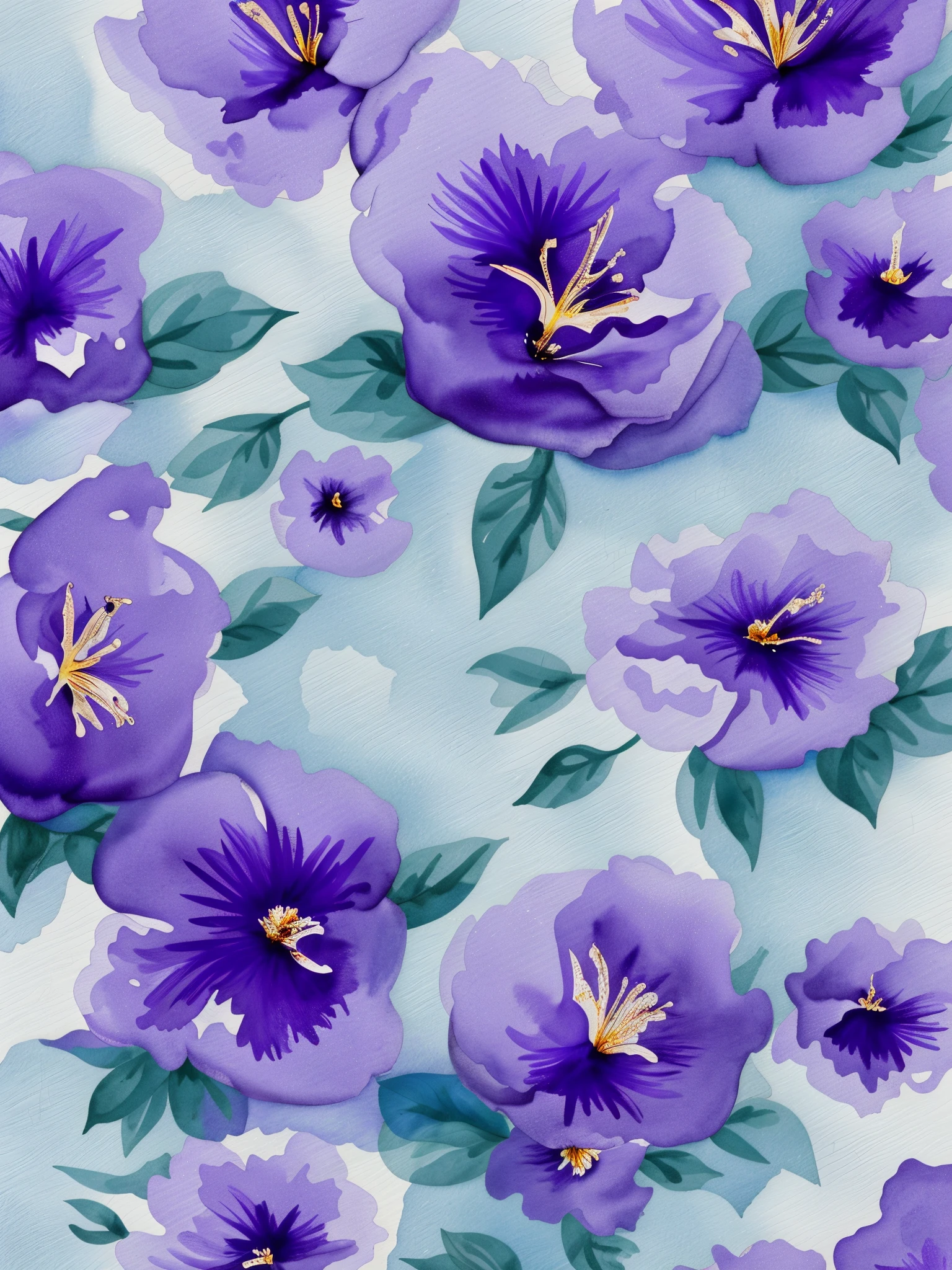 Full color wallpaper with a violet background, white flowers, adopting the style of Little Flying Moon, soft tones, calm and peaceful beauty, deep white and light blue, rich colors, high resolution, watercolor painting,