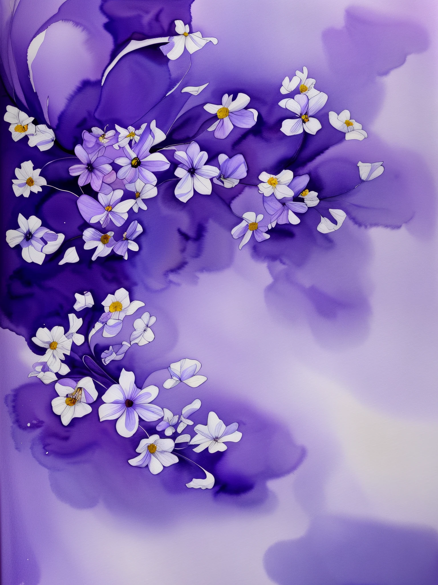 Full color wallpaper with a violet background, white flowers, adopting the style of Little Flying Moon, soft tones, calm and peaceful beauty, deep white and light blue, rich colors, high resolution, watercolor painting,