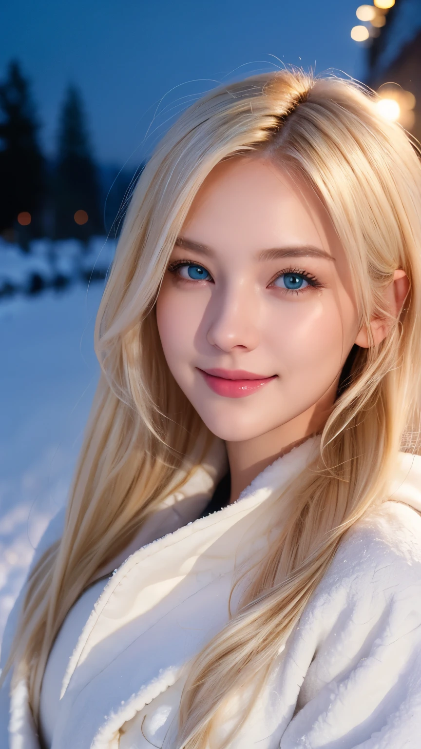 (masterpiece), (best quality), 1girl, (perfect face:1.2), (beautiful face:1.2), platinum blonde hair, (from under, upper body:1.3), happy, light smile, looking at viewer, pose,
winter coat, outdoors, winter, snow, night time, intricate, depth of field, cinematic lighting,