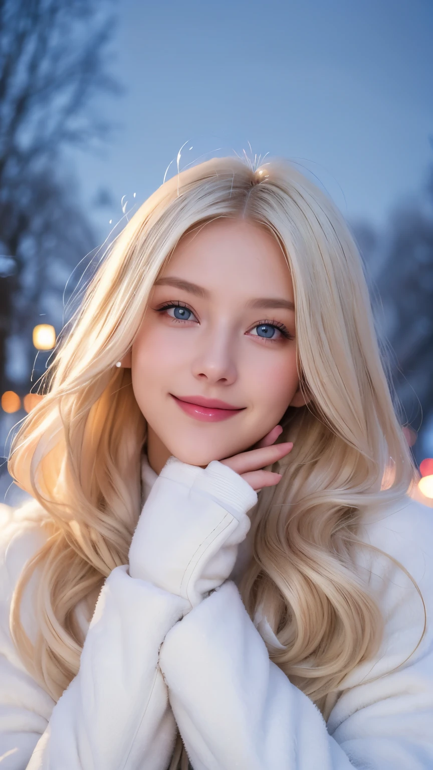 (masterpiece), (best quality), 1girl, (perfect face:1.2), (beautiful face:1.2), platinum blonde hair, (from under, upper body:1.3), happy, light smile, looking at viewer, pose,
winter coat, outdoors, winter, snow, night time, intricate, depth of field, cinematic lighting,