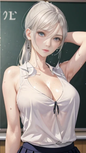 masterpiece, exquisite, (realistic, woman alone, alone, beautiful face, slender face, beautiful eyes), (breast) persona 3, female, big, G cup, silver hair, long hair, ponytail, school uniform, deep V neck, mini skirt, school classroom, slit eyes、(((dripping sweat、oil skin,sparkling skin、realistic skin texture、detailed beautiful skin、shiny skin、shiny white skin)))、大きく足を開く、立ちポーズ、頭の後ろで手を組み脇を見せる、ノースリーブ